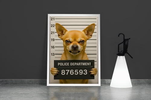 Sabıka Fotoğrafı Çekilen Sert Bakışlı Komik Chihuahua Köpek Mizahi Kanvas Tablo