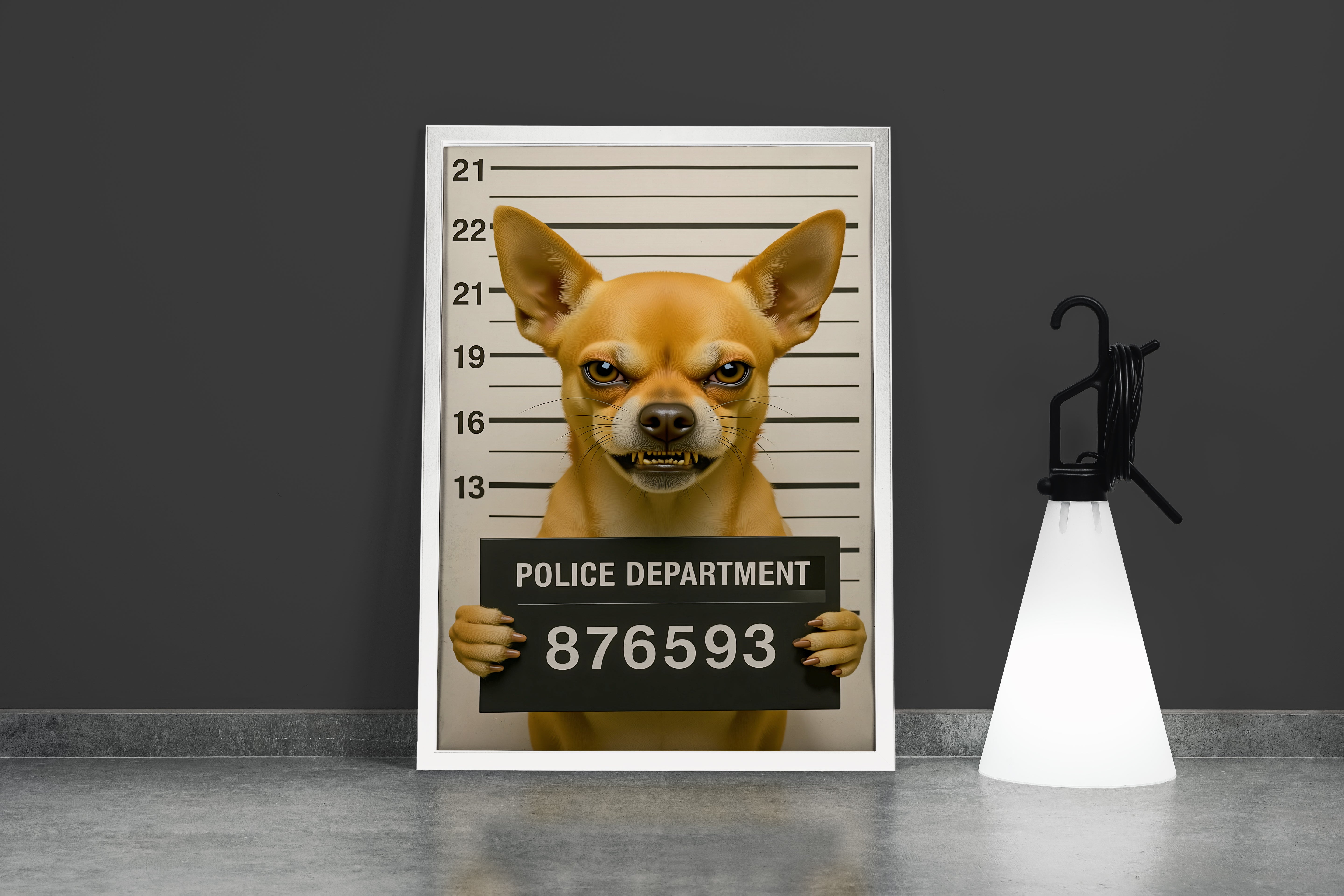Sabıka Fotoğrafı Çekilen Sert Bakışlı Komik Chihuahua Köpek Mizahi Kanvas Tablo