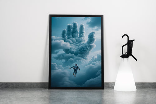 ai creation, a giant hand of clouds reaching for a man falling through the sky, ai art, art, kanvas tablo