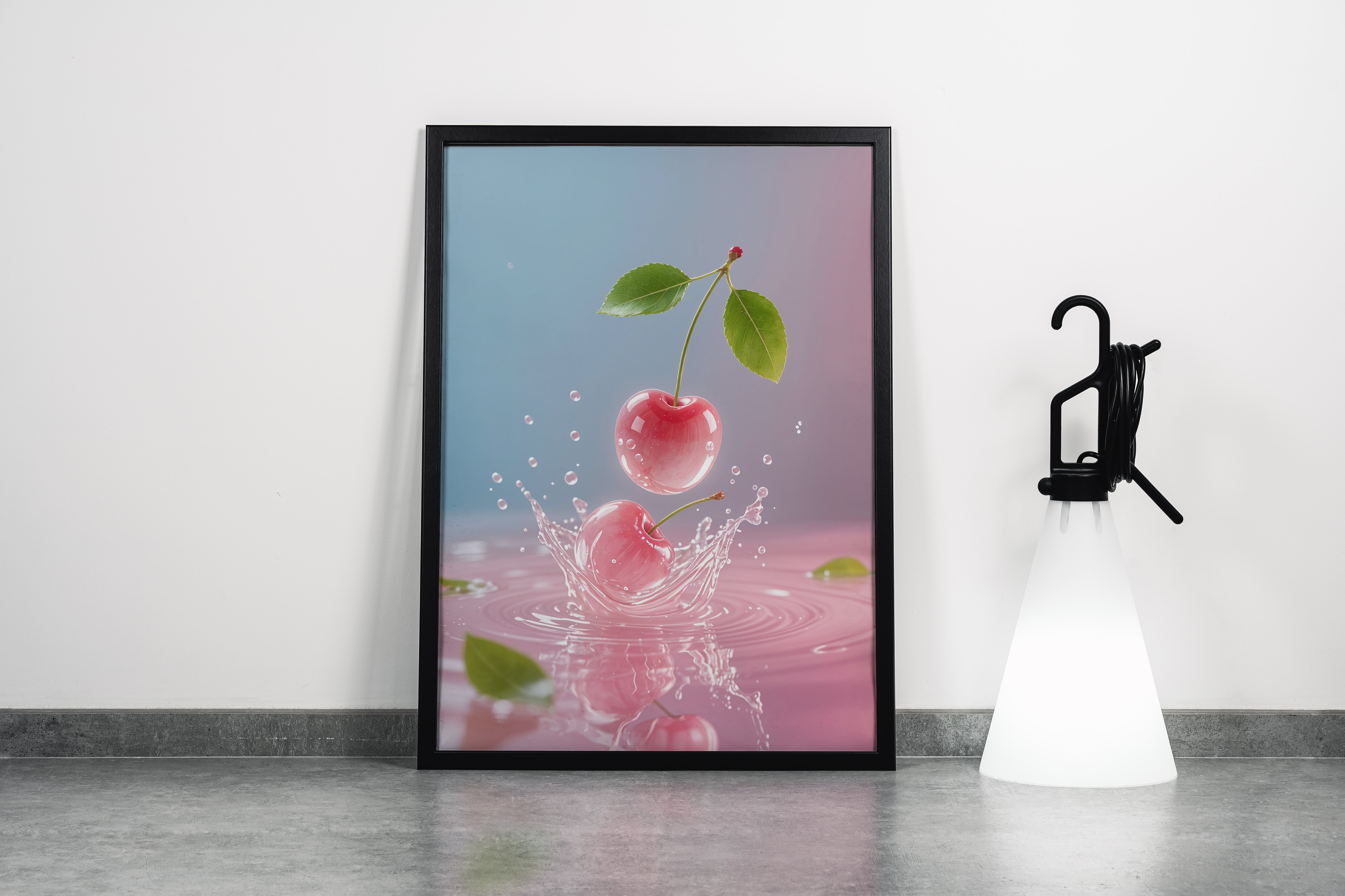 ai creation, cherry falling into water, the theme of pink tones, ai art, art, kanvas tablo