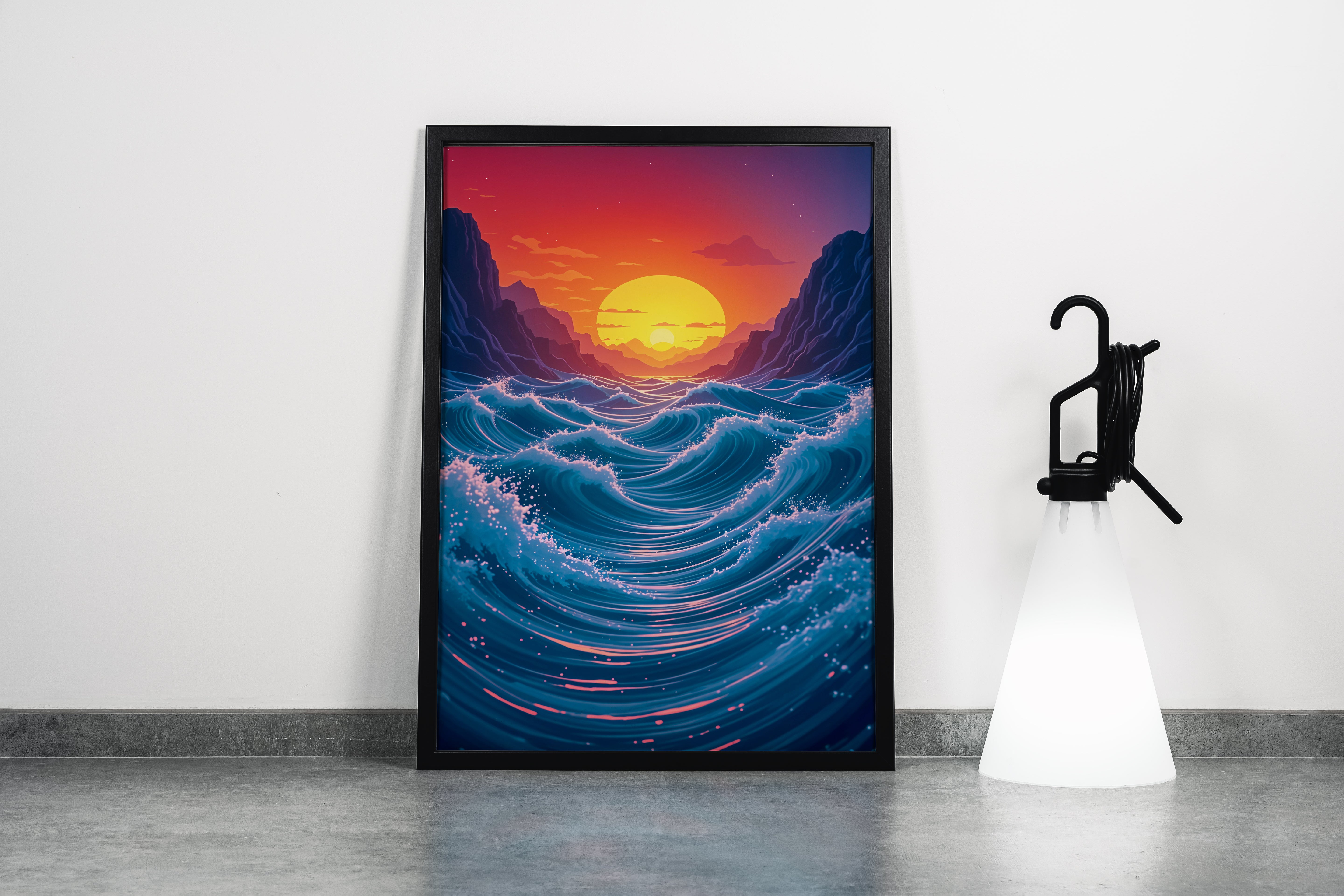 ai creation, as the sun sets among giant waves, ai art, art, kanvas tablo