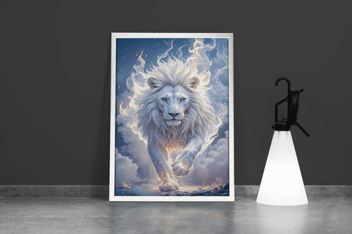 ai creation, white lion in white flames, pet, ai art, art, kanvas tablo