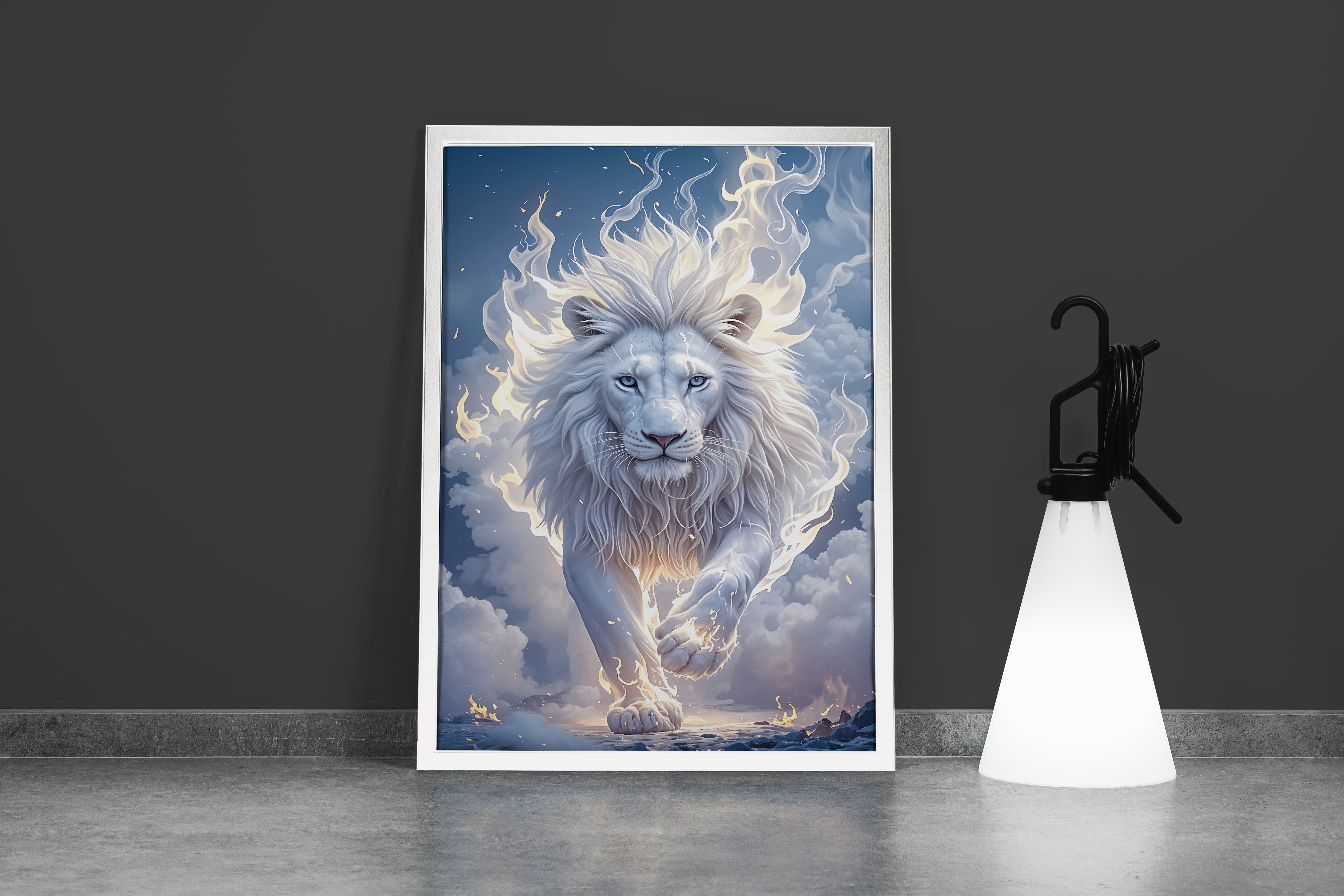 ai creation, white lion in white flames, pet, ai art, art, kanvas tablo