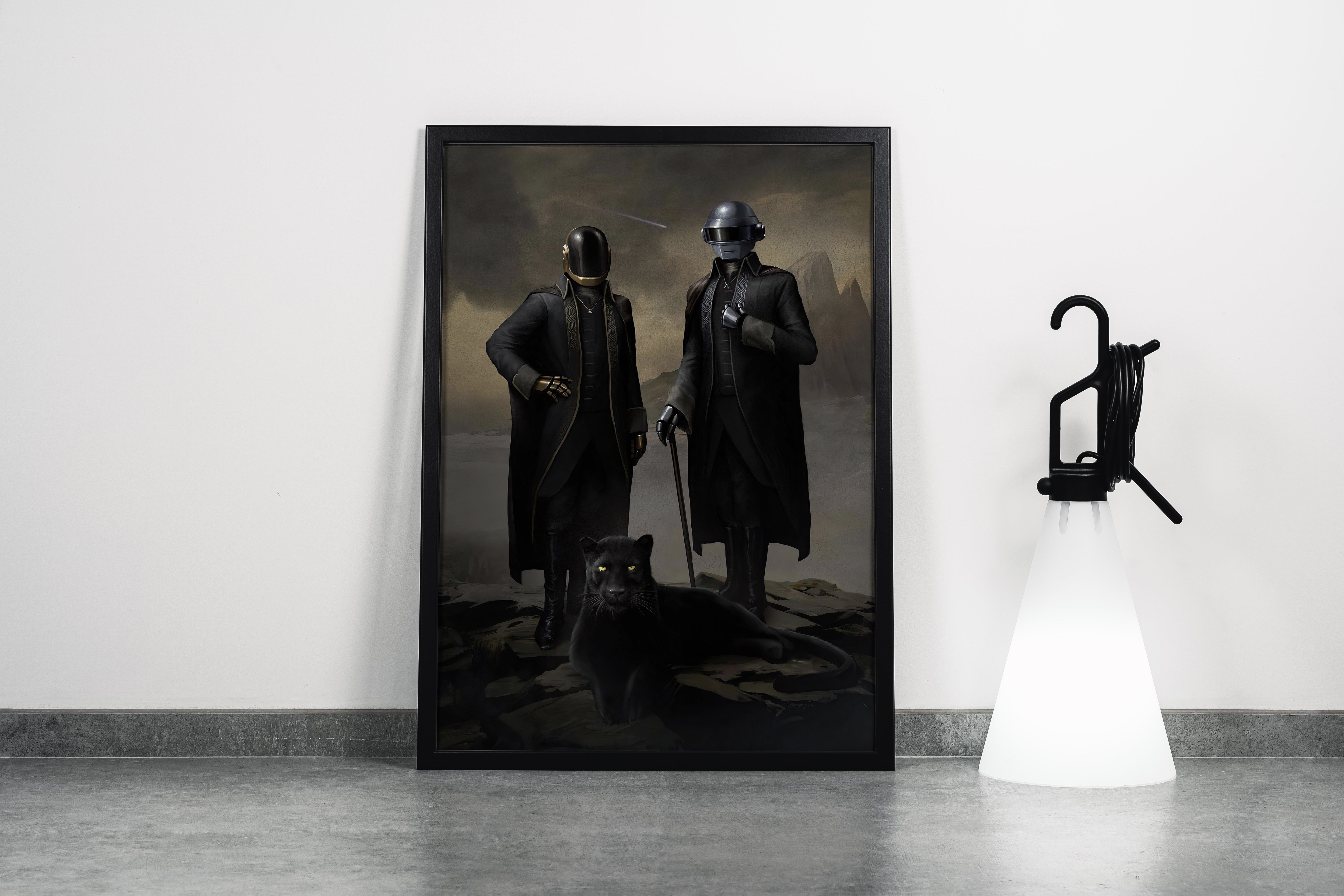 a classic, moody portrait of daft punk posing with a black panther, art, kanvas tablo