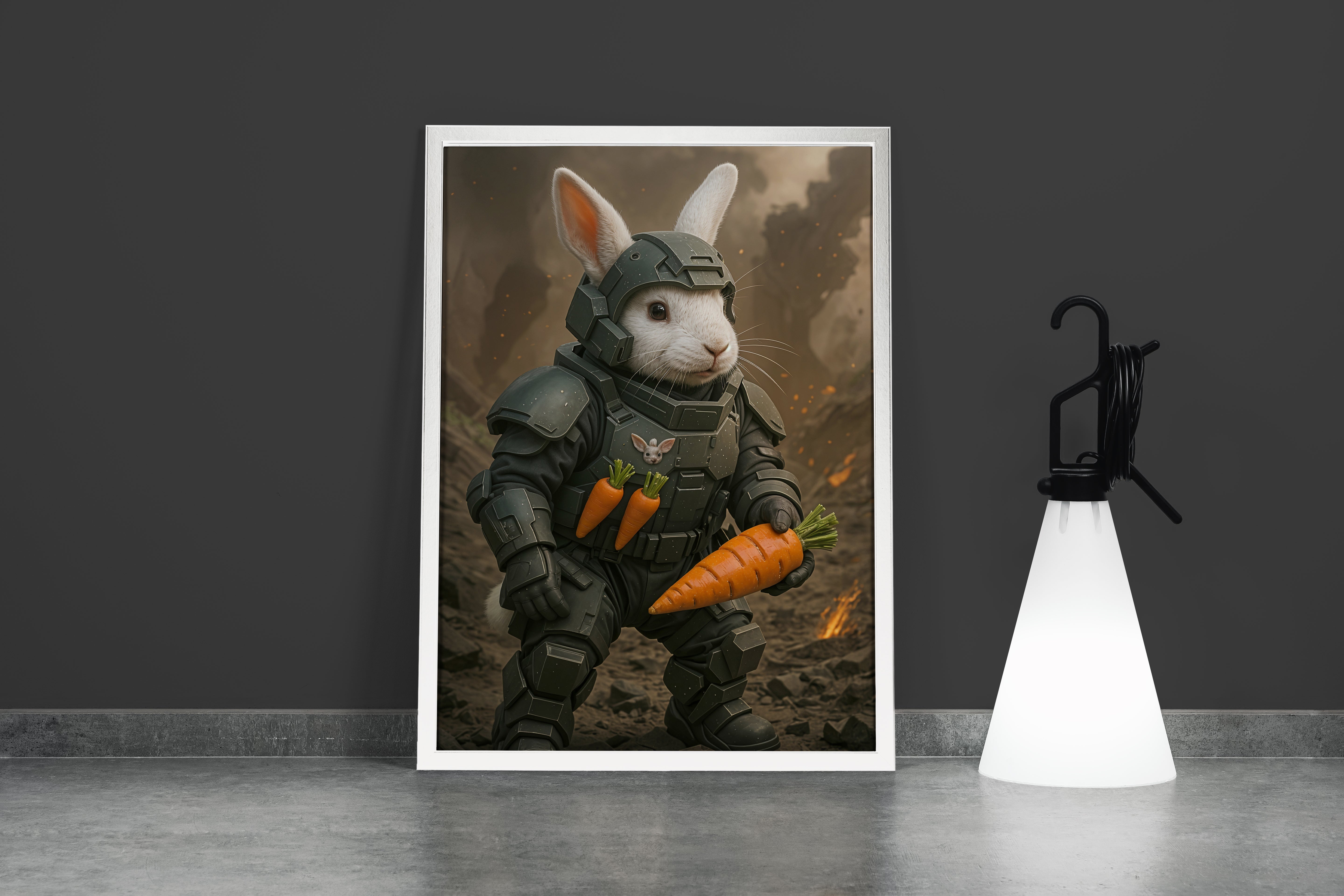 ai creation, carrot armed rabbit fighter, ai art, art, kanvas tablo