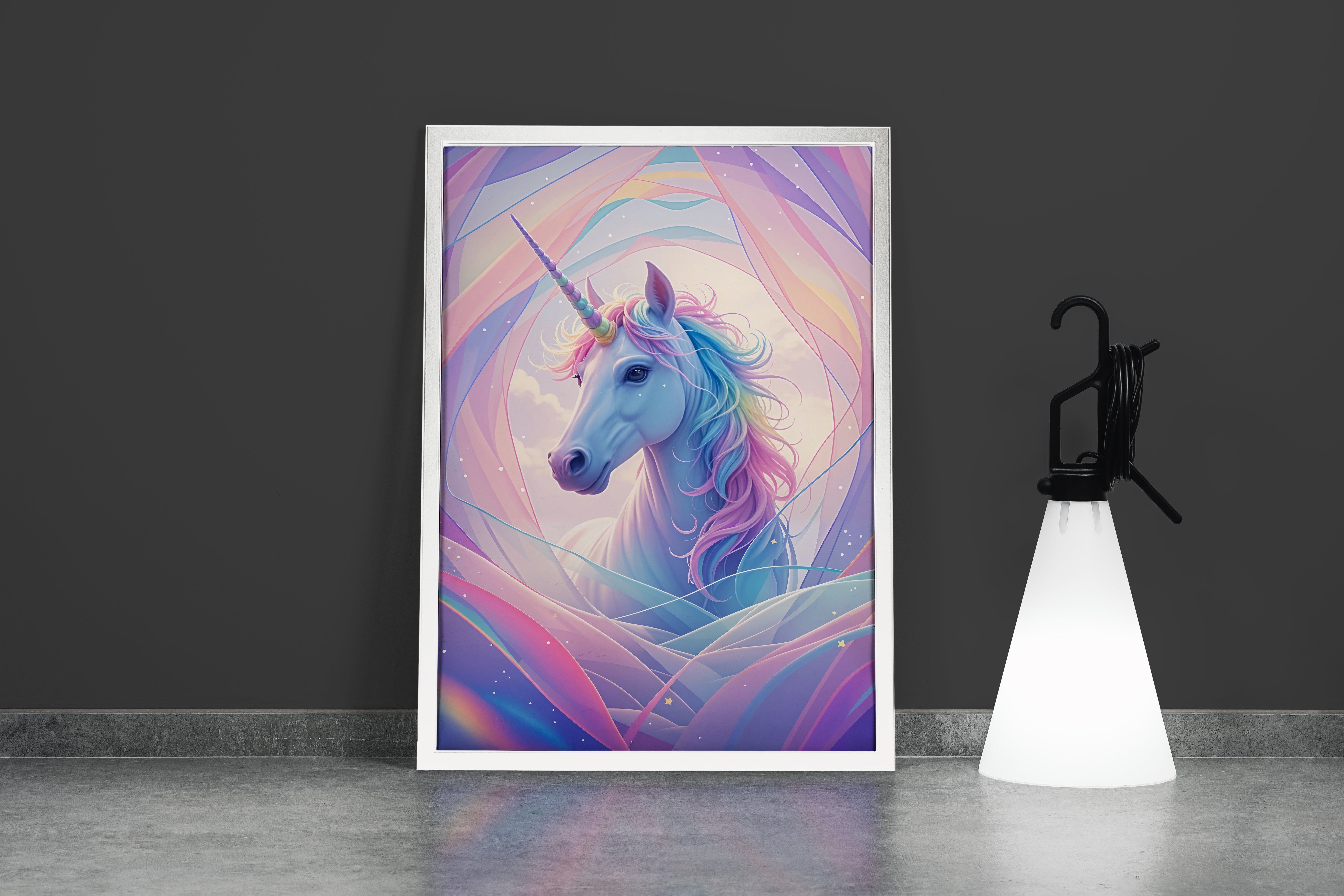 ai creation, happy looking unicorn on a soft white mix, ai art, art, kanvas tablo