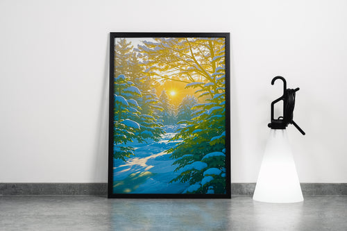 ai creation, sun filtering through the snow covered forest, ai art, art, kanvas tablo
