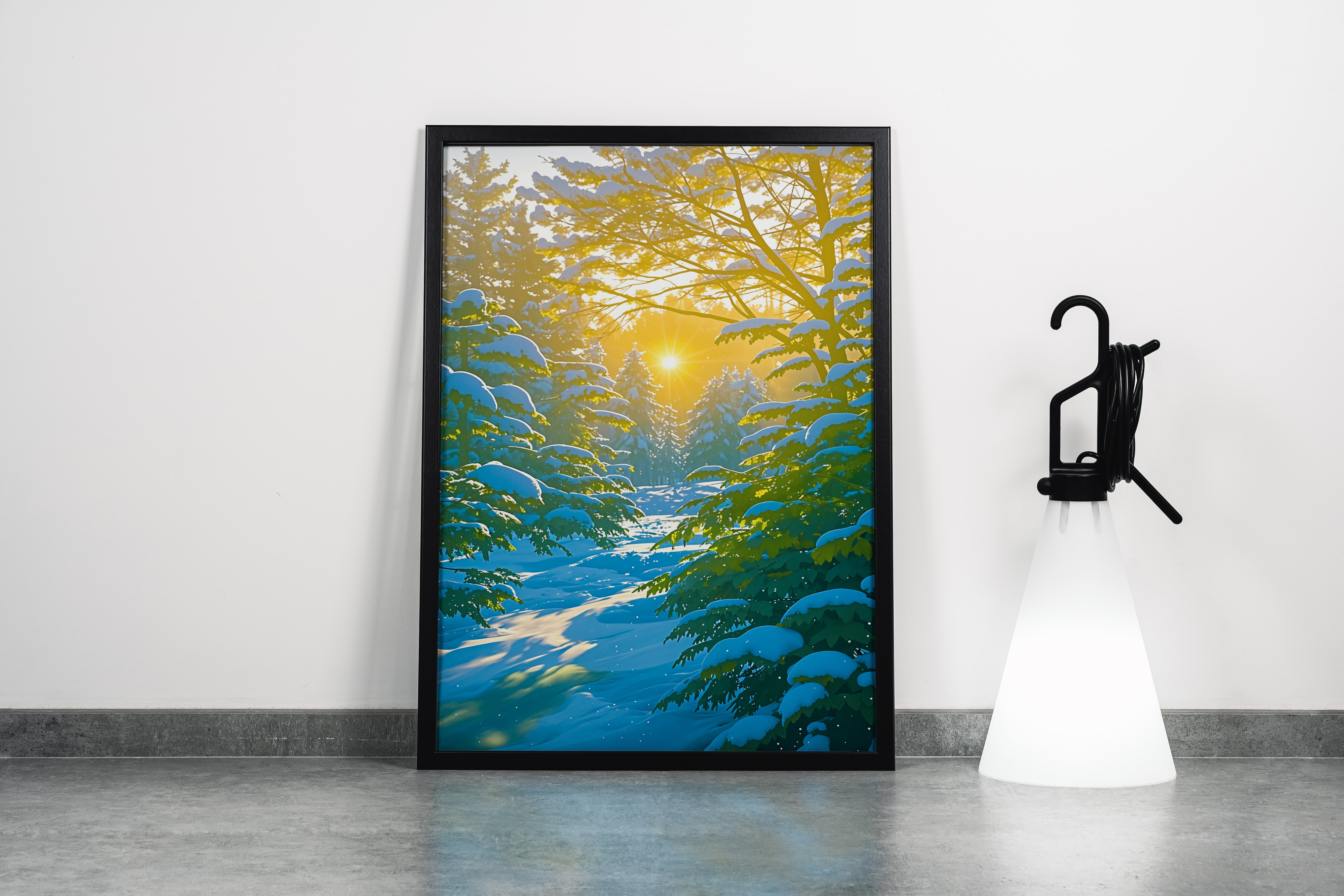 ai creation, sun filtering through the snow covered forest, ai art, art, kanvas tablo