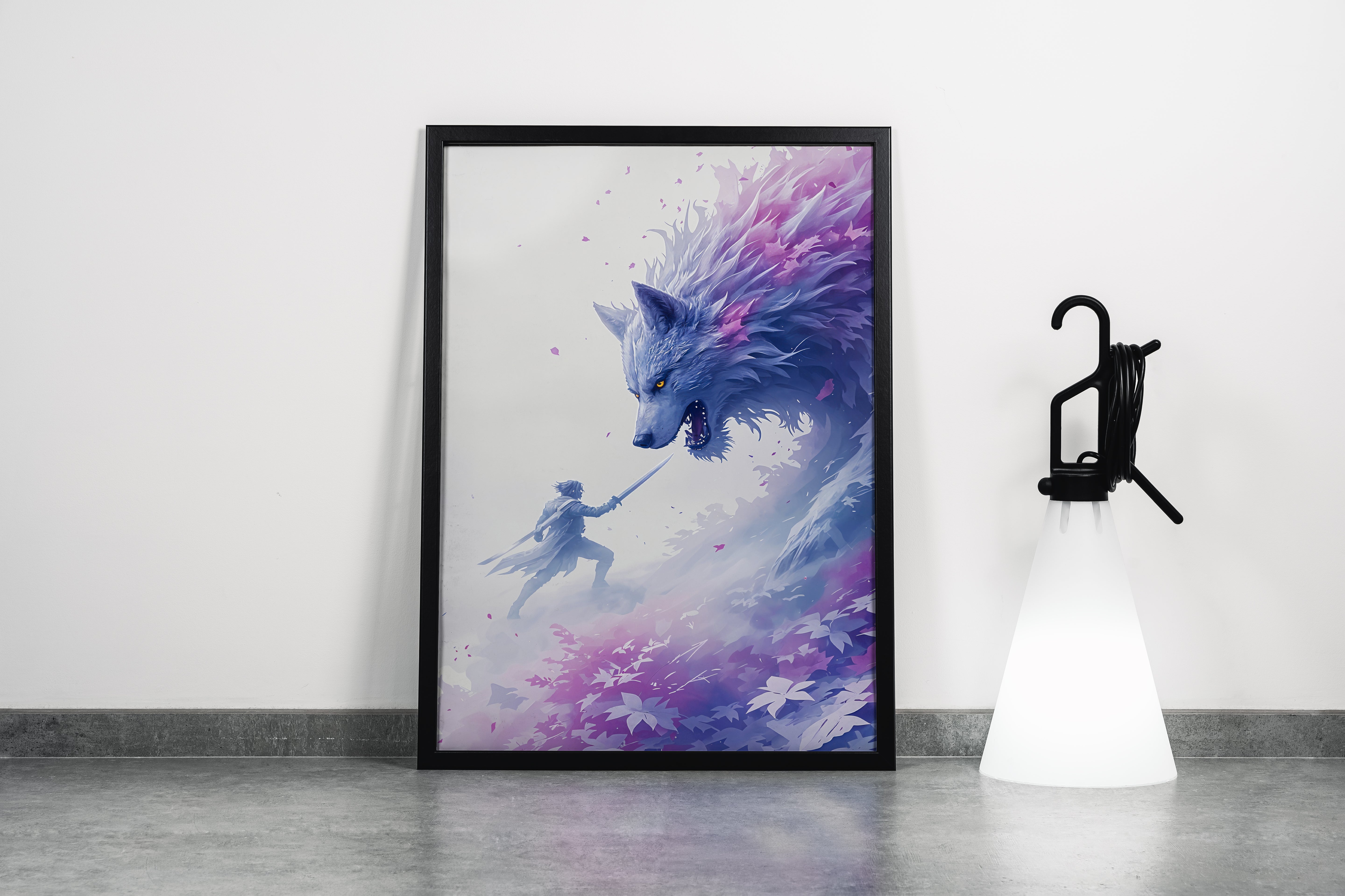 ai creation, swordsman vs wolf, pet, ai art, art, kanvas tablo