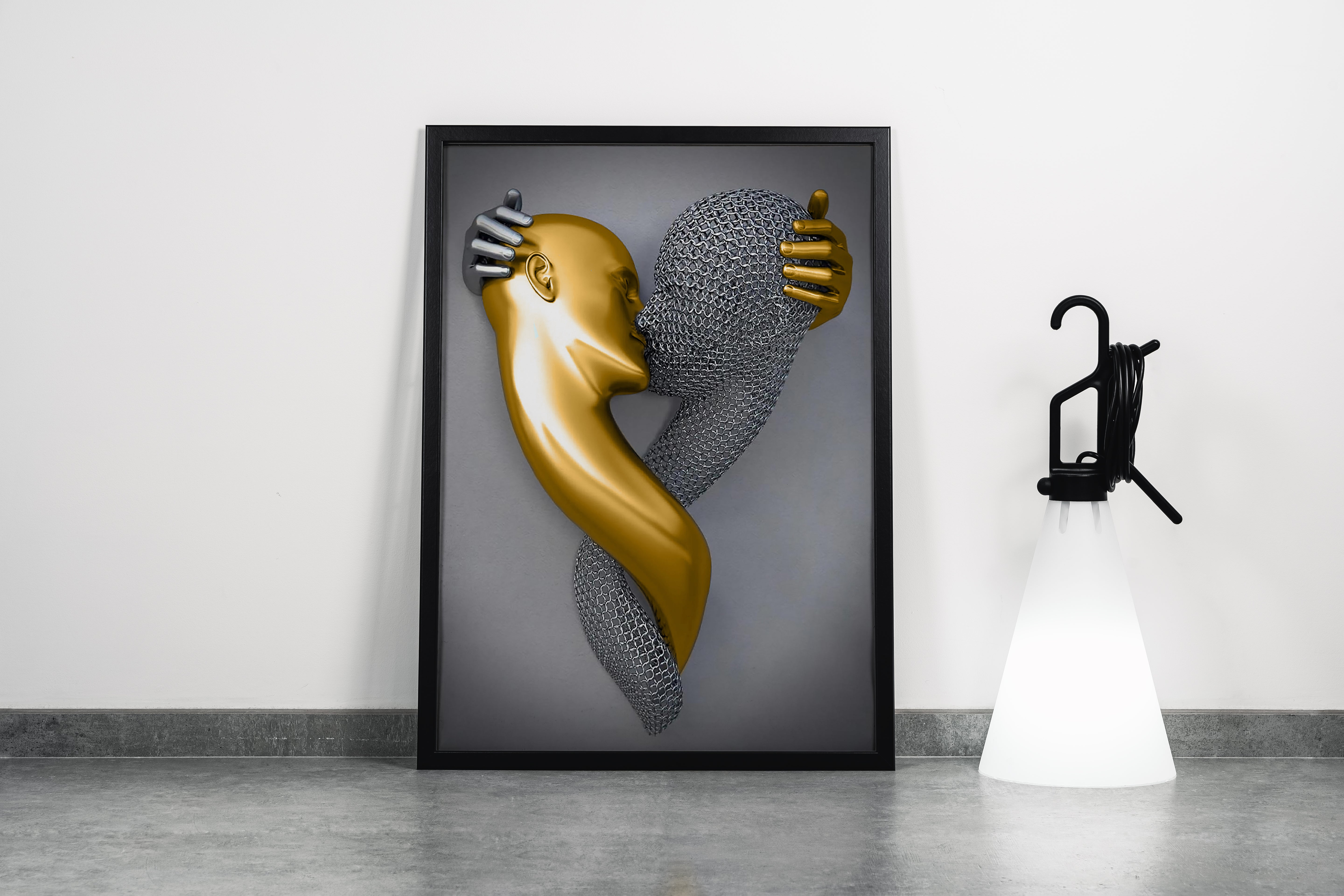 an abstract heart-shaped sculpture of a gold and a chainmail figure embracing model 1, art, kanvas tablo