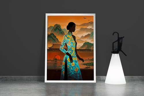 ai creation, asian flowers and asian women in the middle of sunset, ai art, art, kanvas tablo