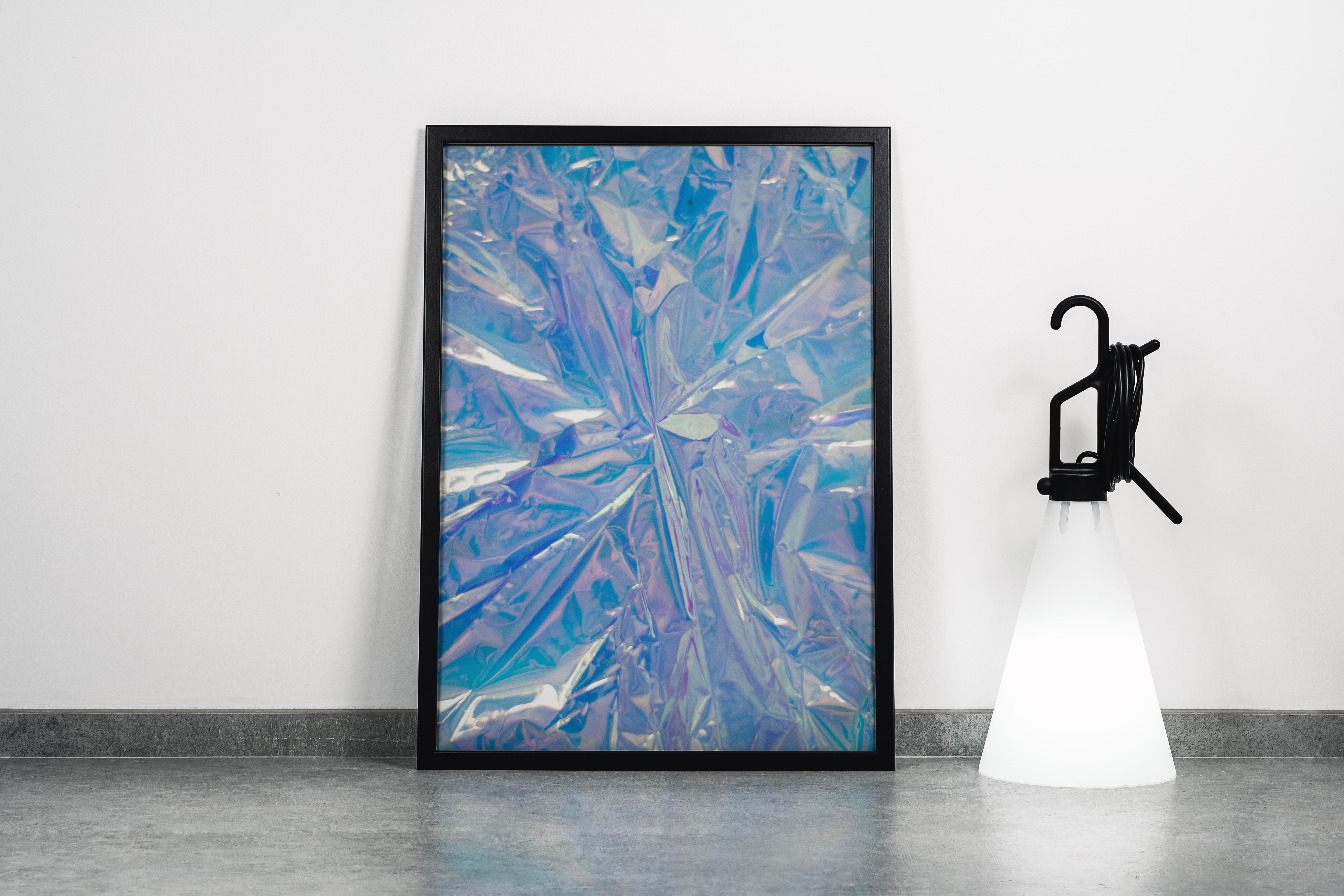 a close-up of a crumpled, futuristic holographic material with iridescent blue and purple reflections, abstract, art, kanvas tablo
