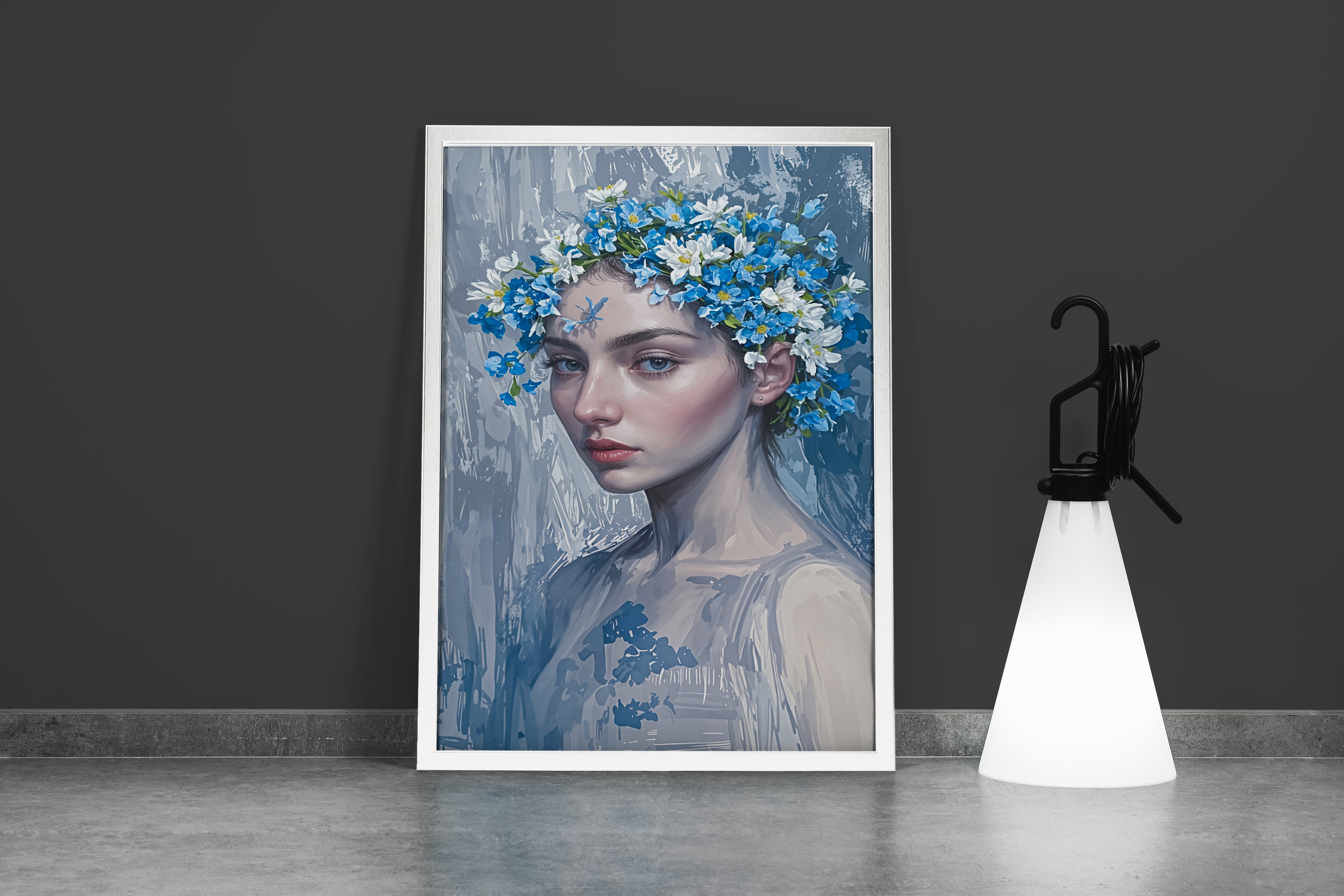 ai creation, a painterly portrait of a woman wearing a blue and white flower crown, ai art, art, kanvas tablo