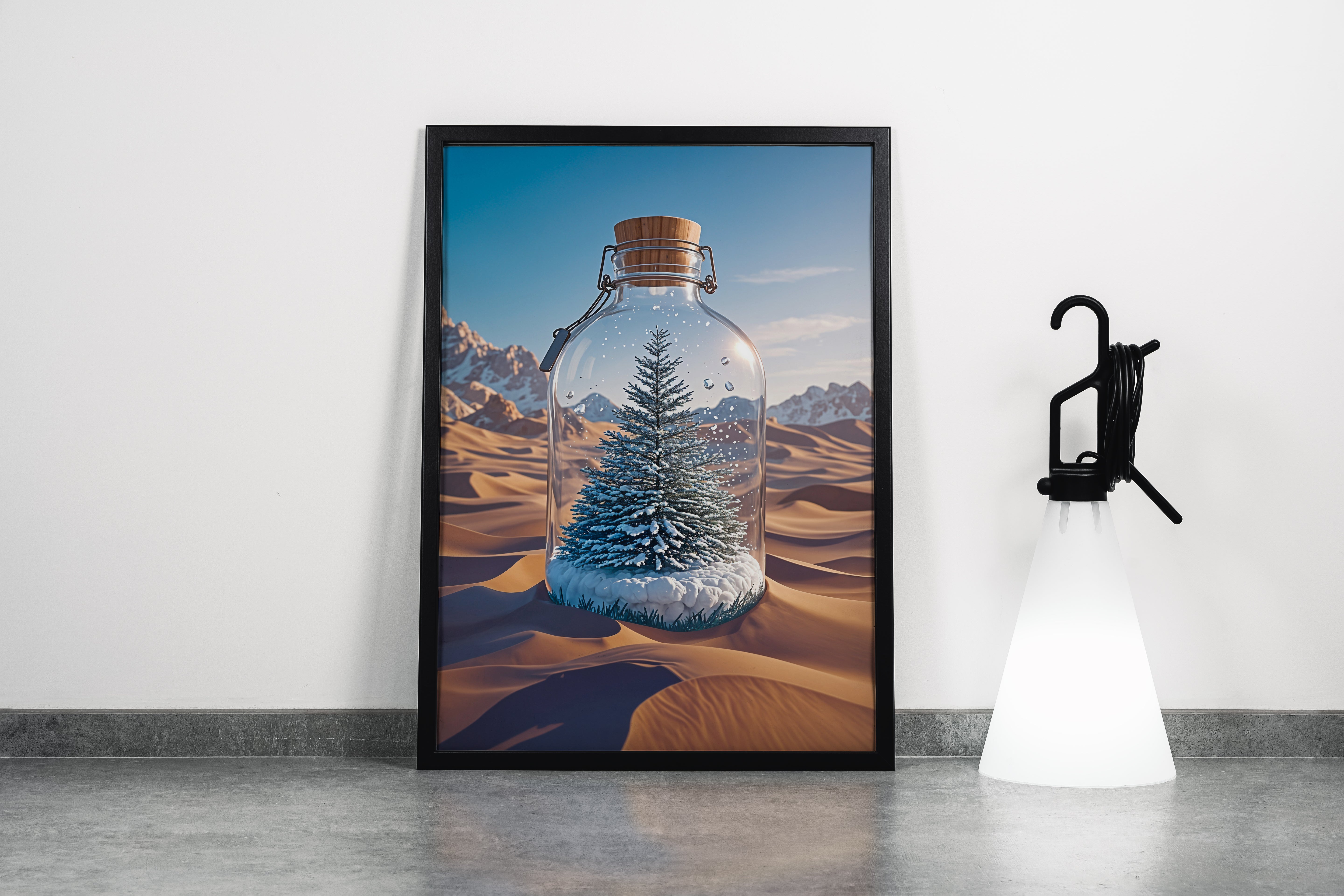 ai creation, tree standing on snow in the desert, stuck in a bottle, ai art, art, kanvas tablo