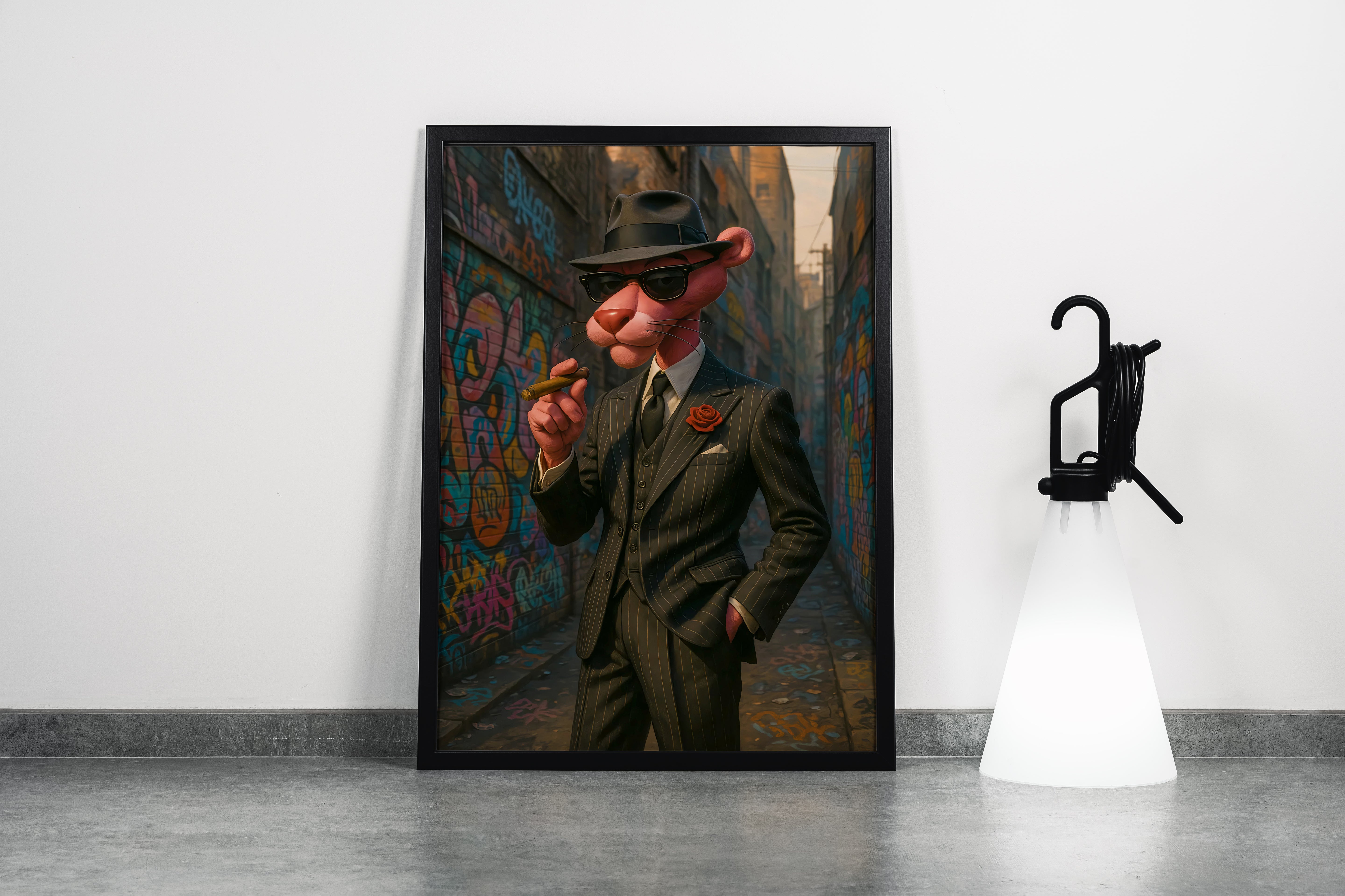 ai creation, pink panther in a suit, ai art, art, kanvas tablo