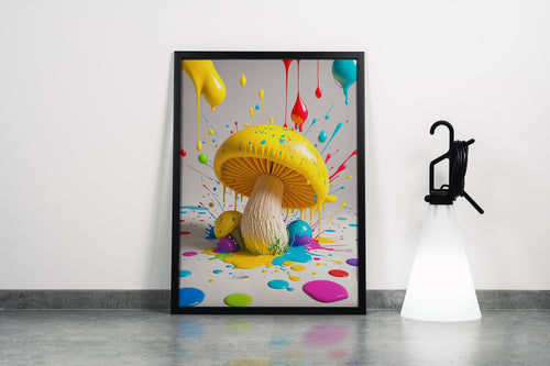 ai creation, giant yellow mushroom and large drops of paint falling from the air, ai art, art, kanvas tablo