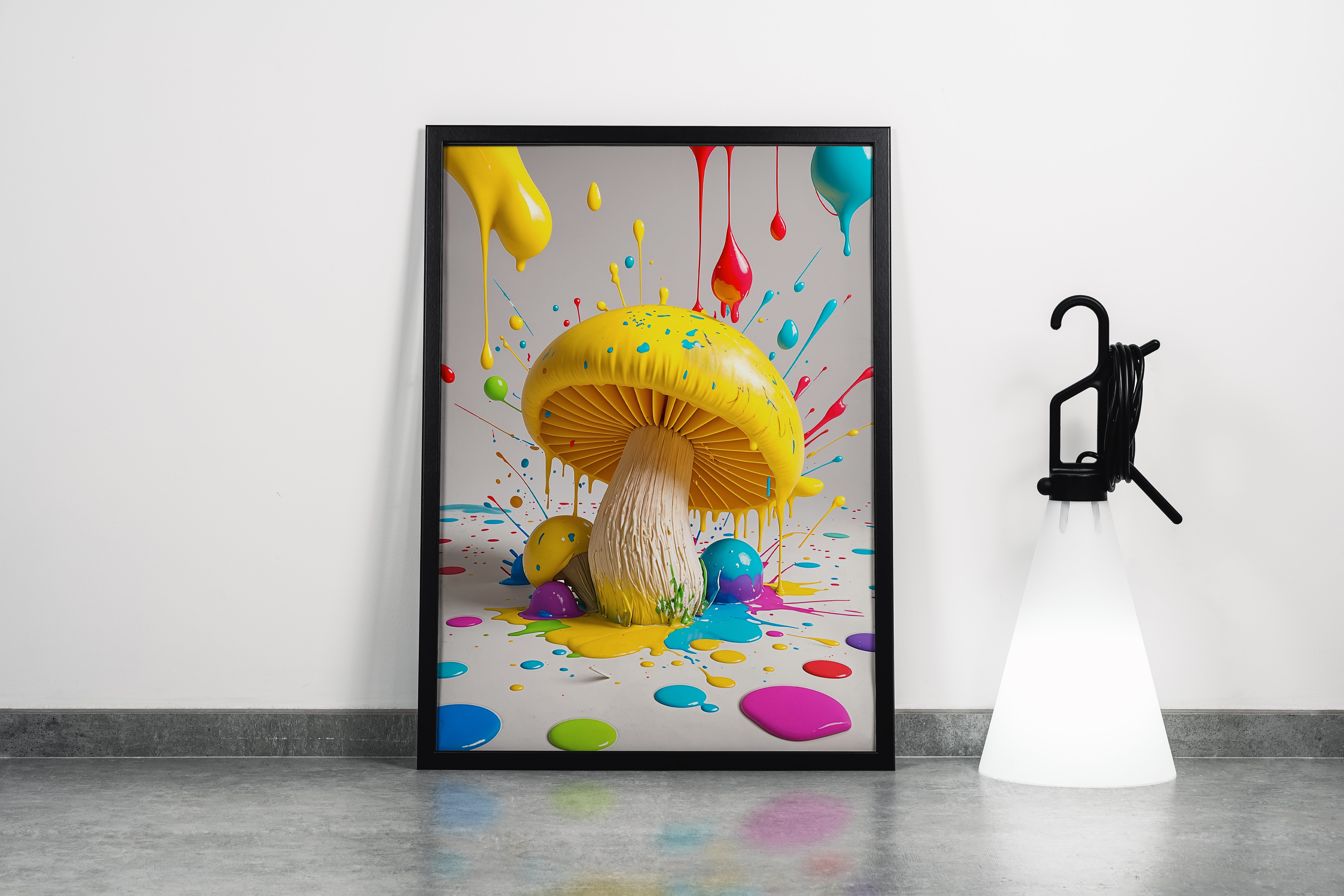 ai creation, giant yellow mushroom and large drops of paint falling from the air, ai art, art, kanvas tablo