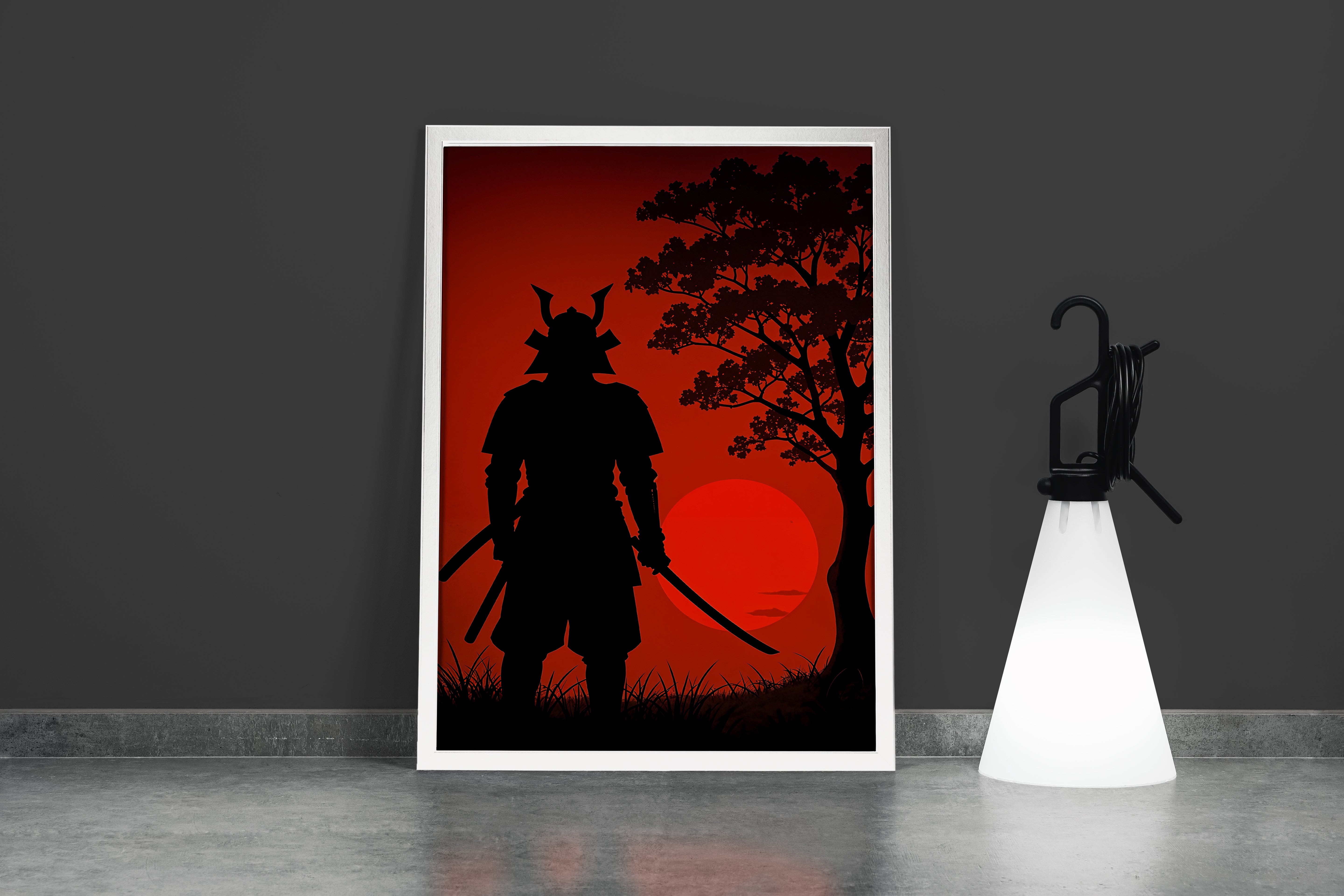 ai creation, samurai watching the sunset, sunset in red tones, ai art, art, kanvas tablo