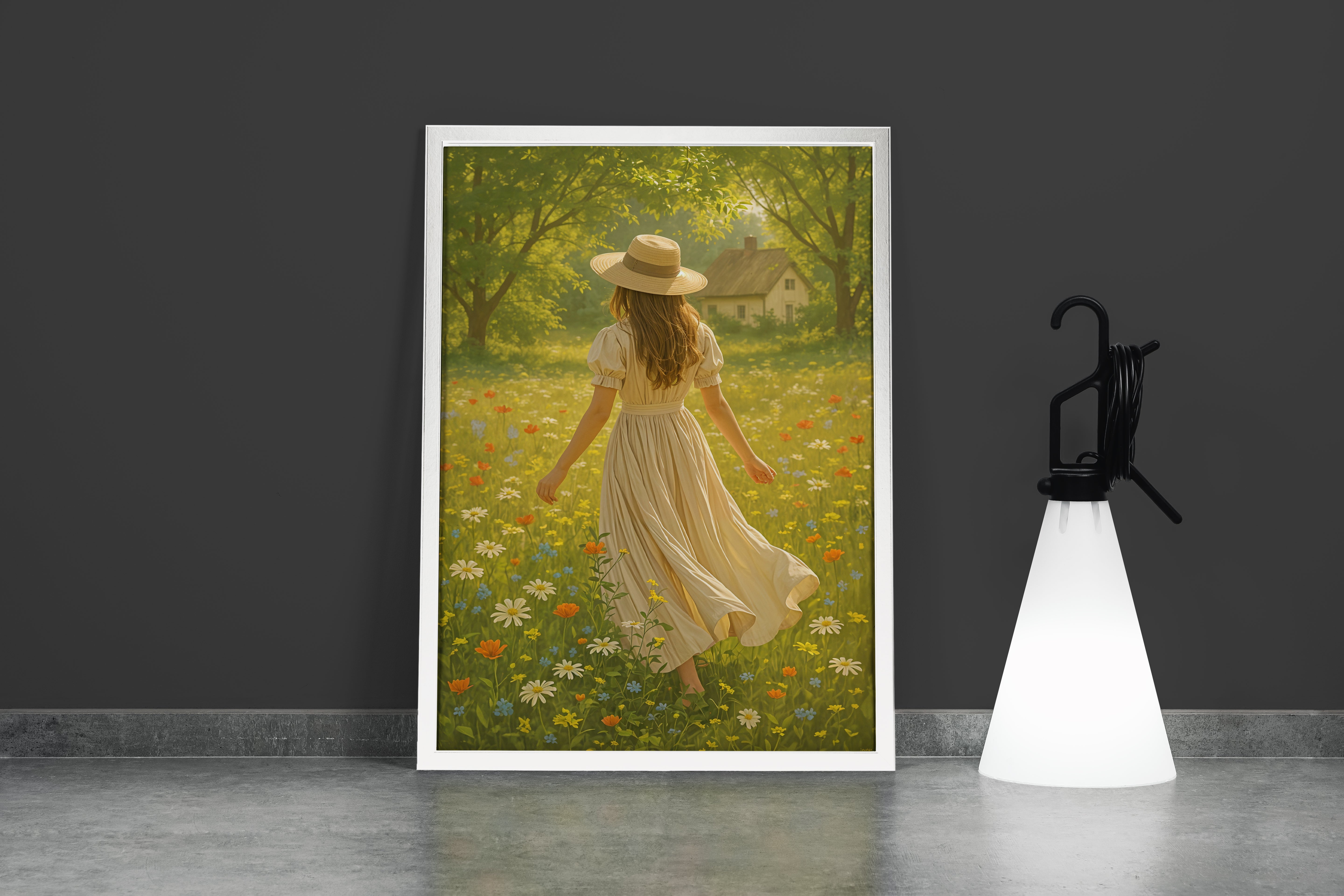 ai creation, girl wandering in the flower garden, ai art, art, kanvas tablo