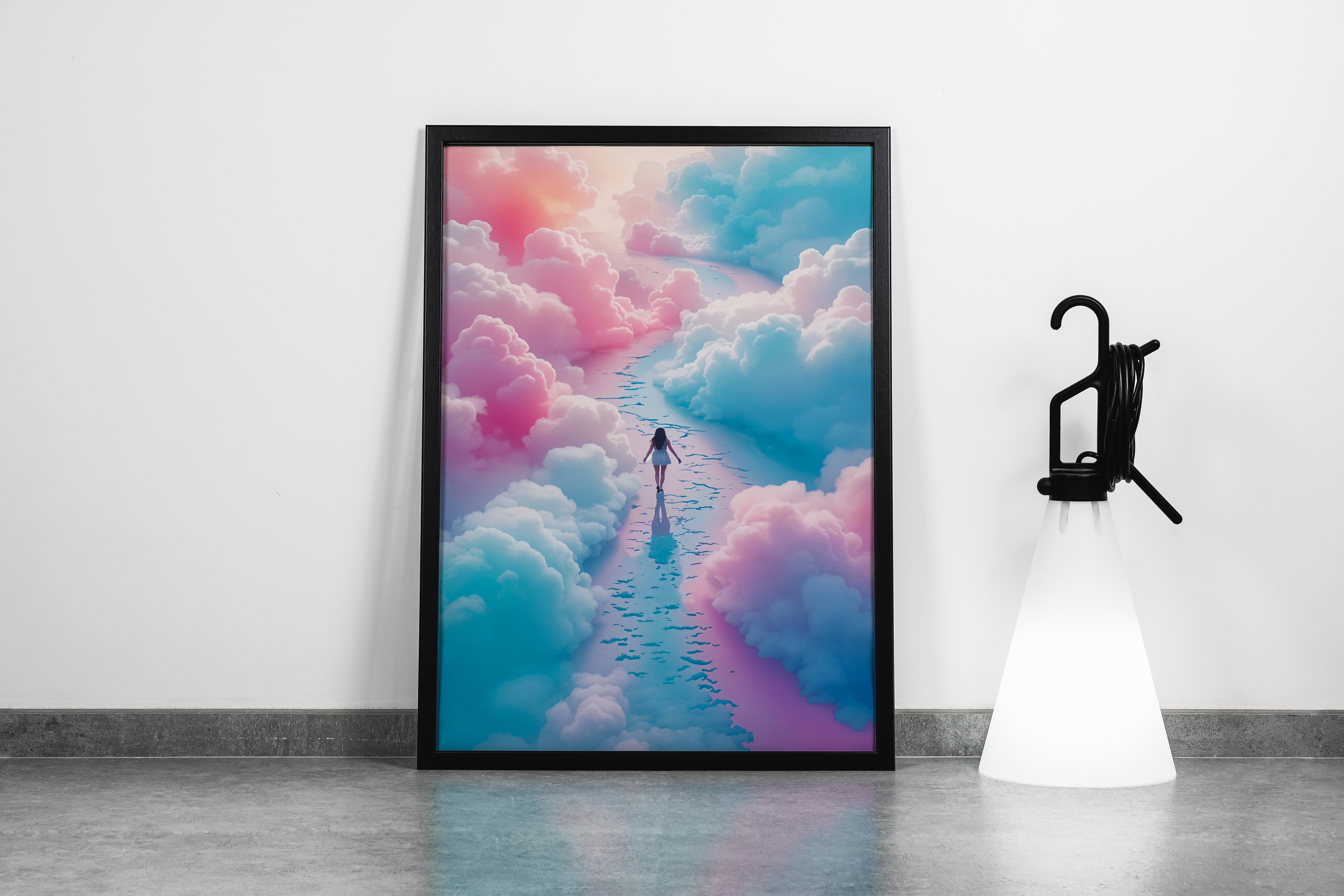 ai creation, woman walking among blue and pink clouds, ai art, art, kanvas tablo