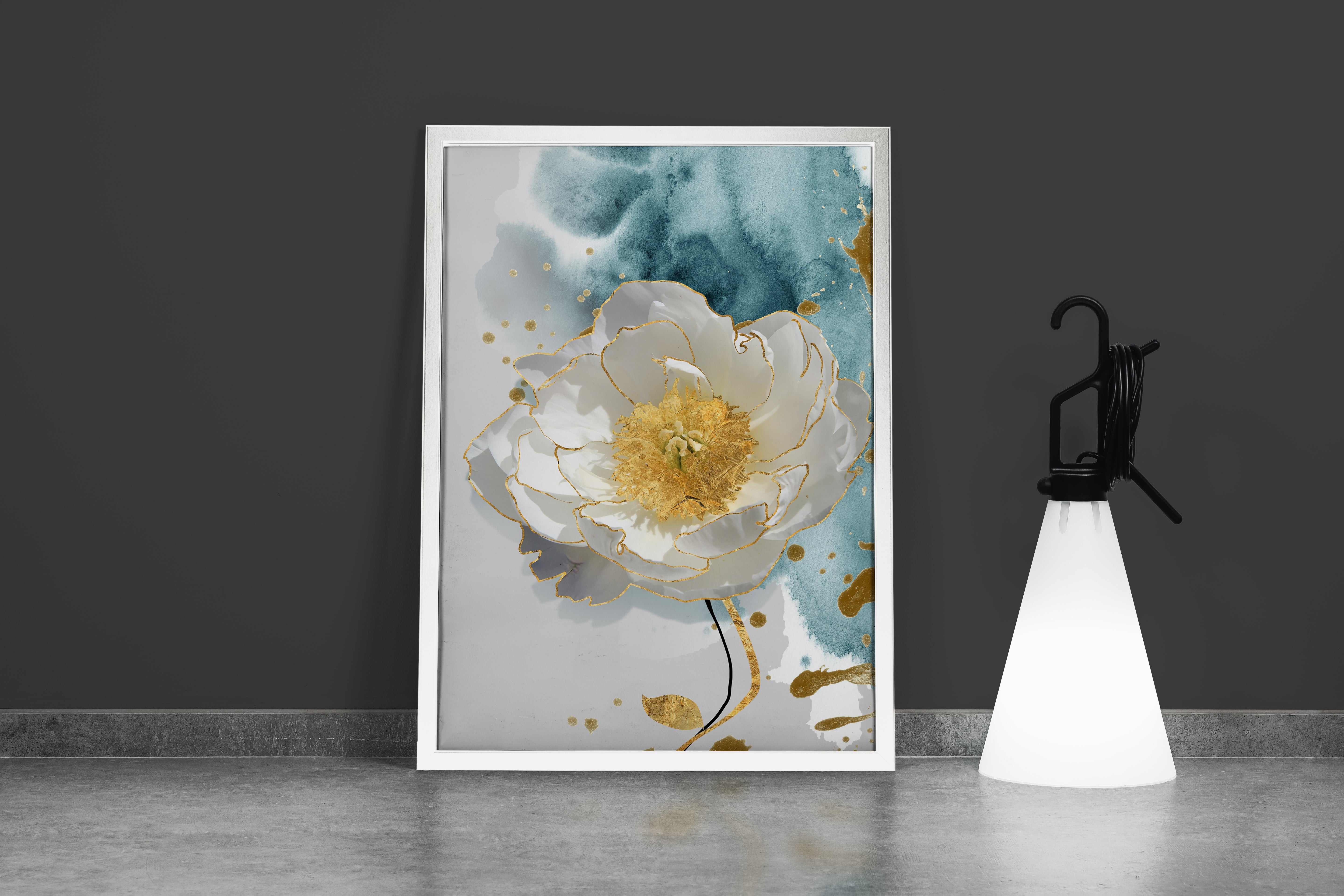 an elegant white flower with gold edges against a blue watercolor wash, art, kanvas tablo