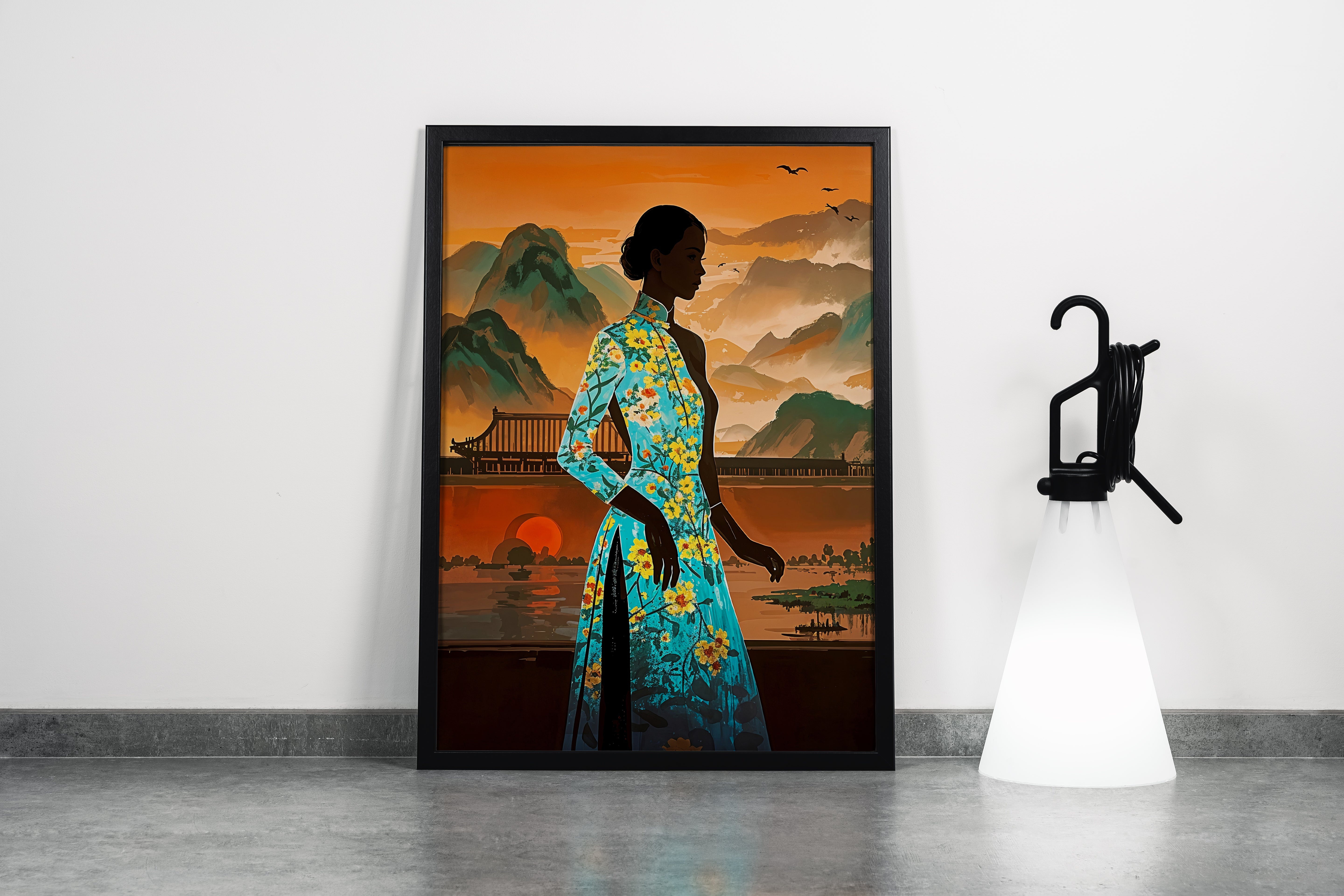 ai creation, asian flowers and asian women in the middle of sunset, ai art, art, kanvas tablo