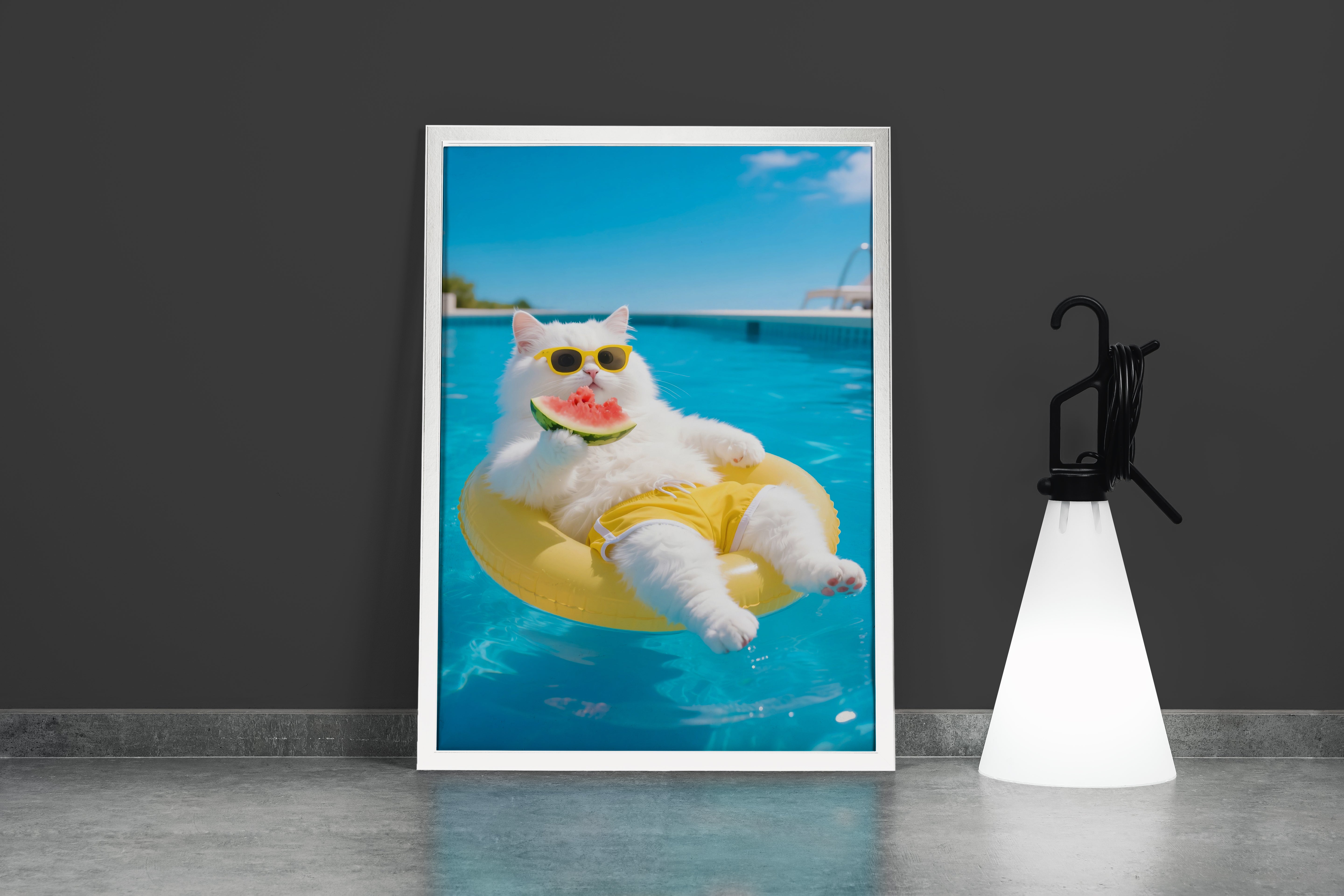 ai creation, cat swimming while eating watermelon, pet, ai art, art, kanvas tablo