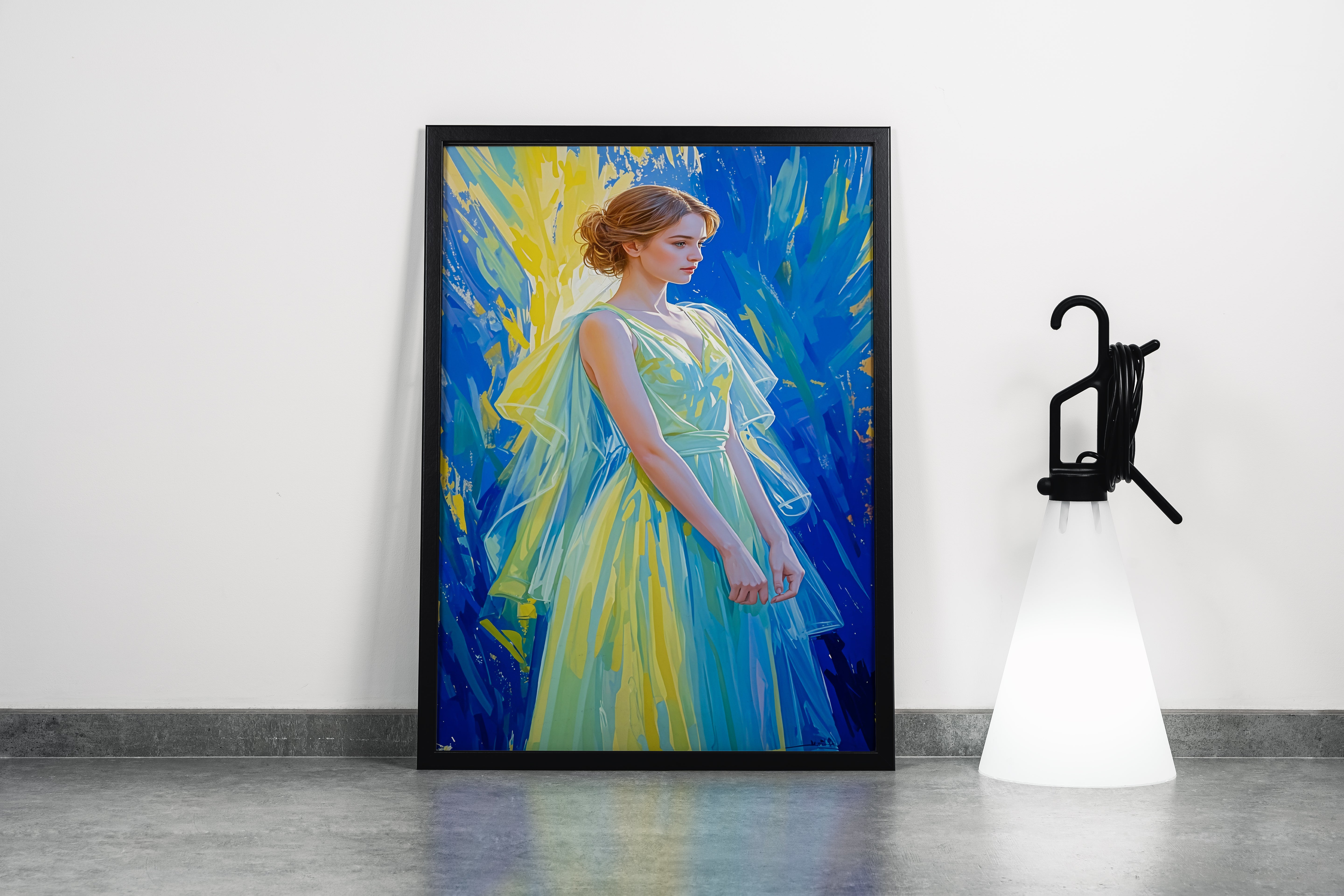 ai creation, woman in blue and yellow tones dress in oil painting style, ai art, art, kanvas tablo