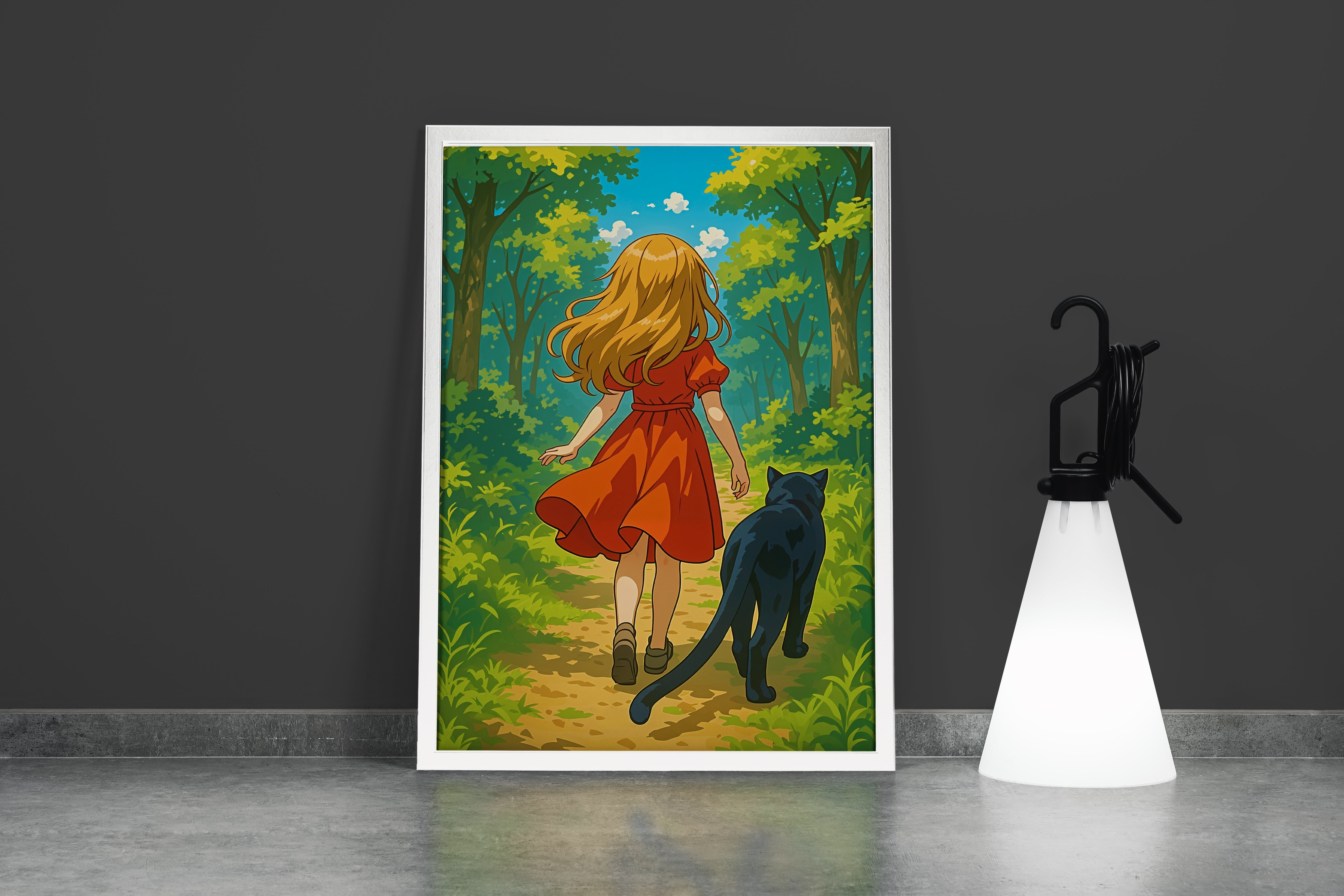 ai creation, woman in red and her cat in the forest, kid, ai art, art, kanvas tablo