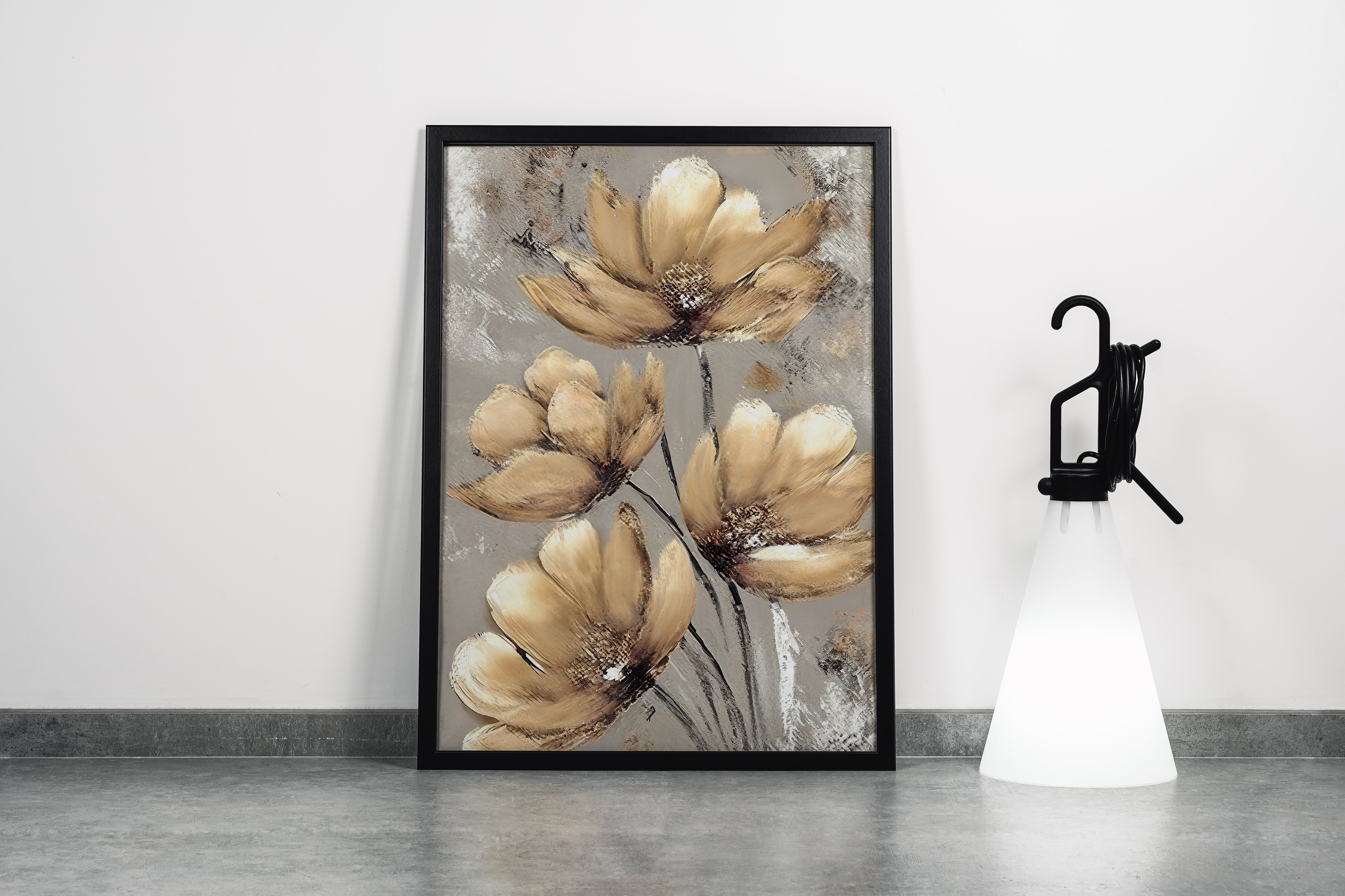 a palette knife painting of elegant golden-brown flowers with a heavy texture, art, kanvas tablo
