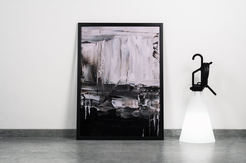a close-up of a black and white abstract painting with heavy, textured brushstrokes, abstract, art, kanvas tablo