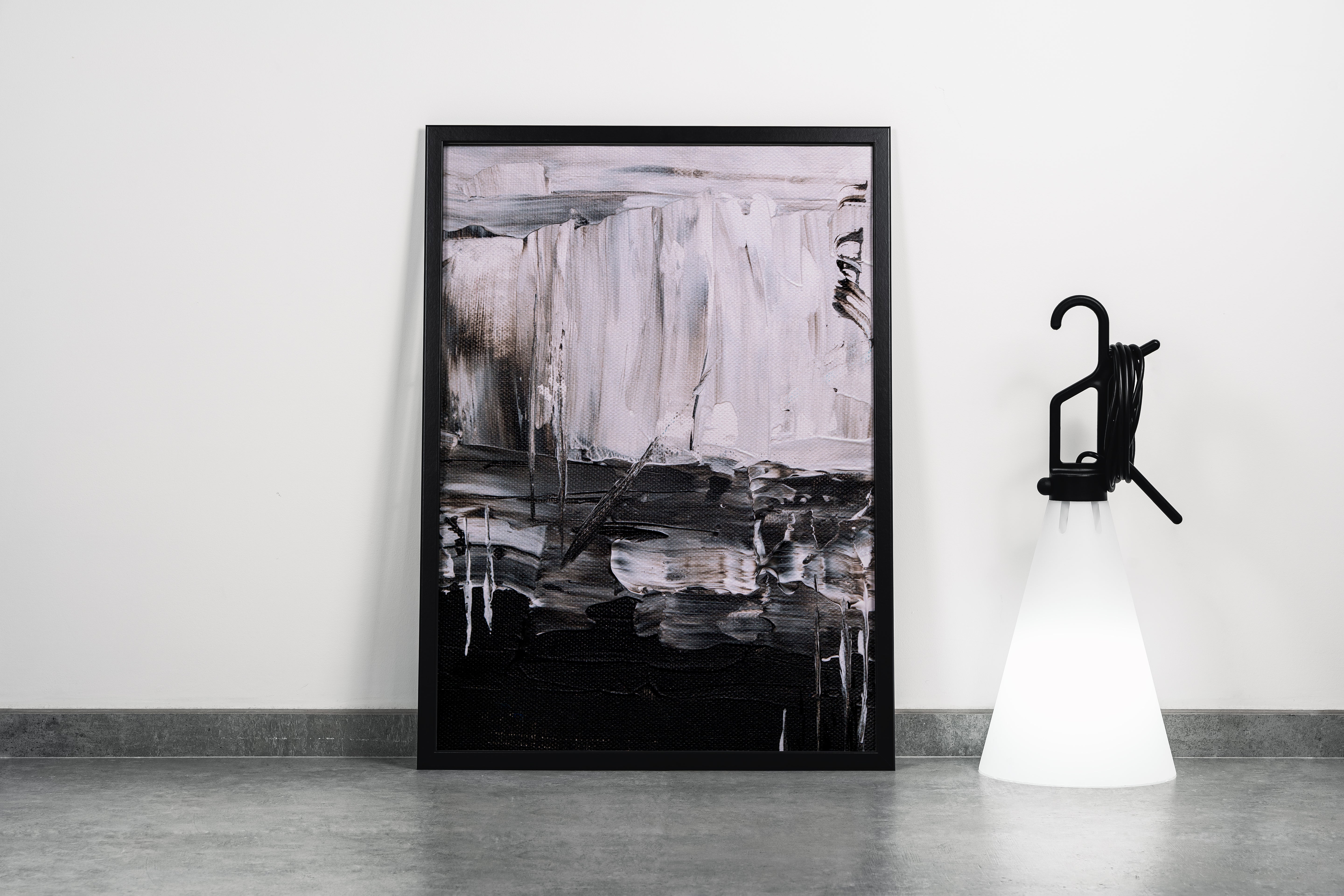 a close-up of a black and white abstract painting with heavy, textured brushstrokes, abstract, art, kanvas tablo