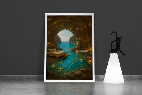 ai creation, hotel room inside the cave and sea view model 2, ai art, art, kanvas tablo