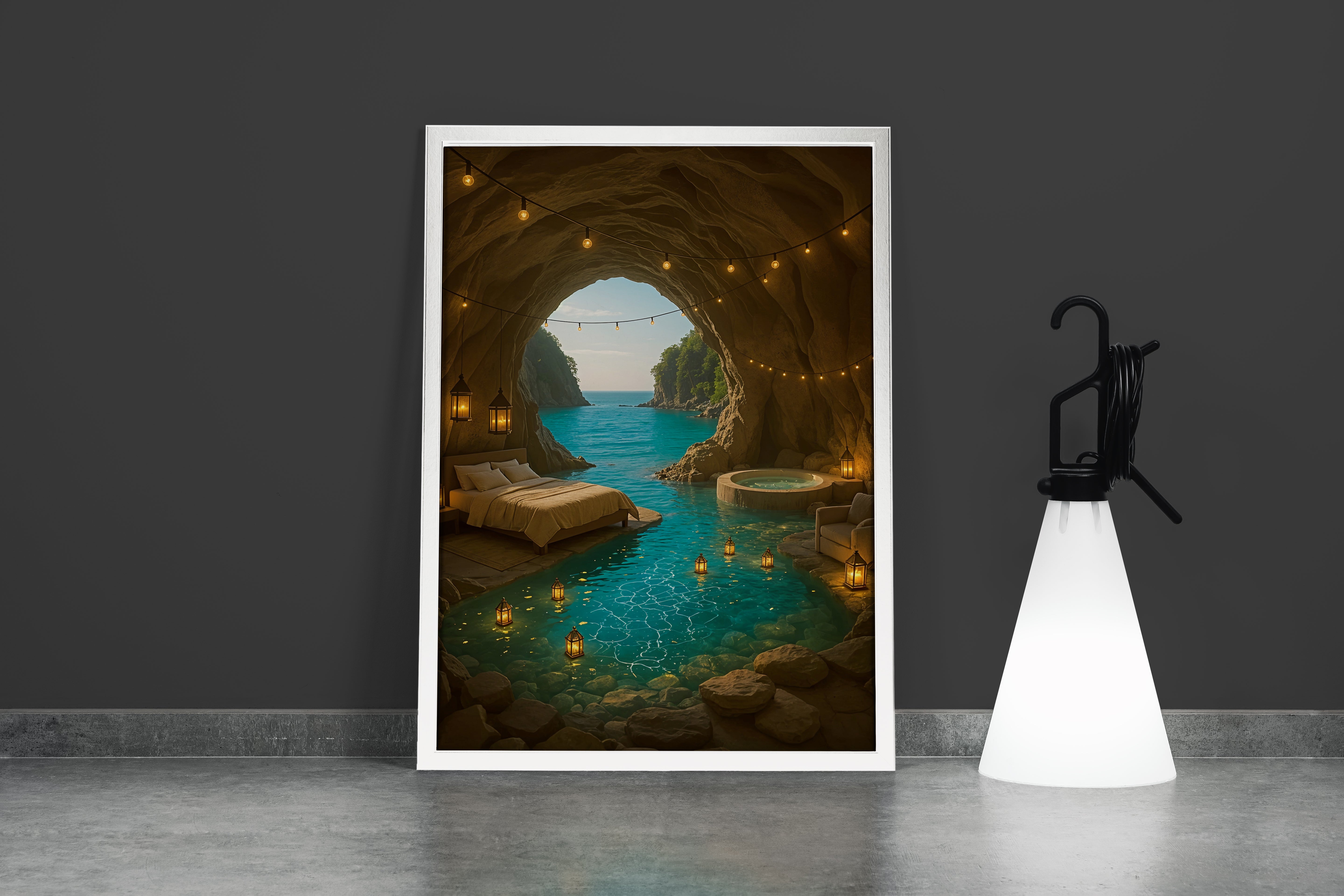 ai creation, hotel room inside the cave and sea view model 2, ai art, art, kanvas tablo