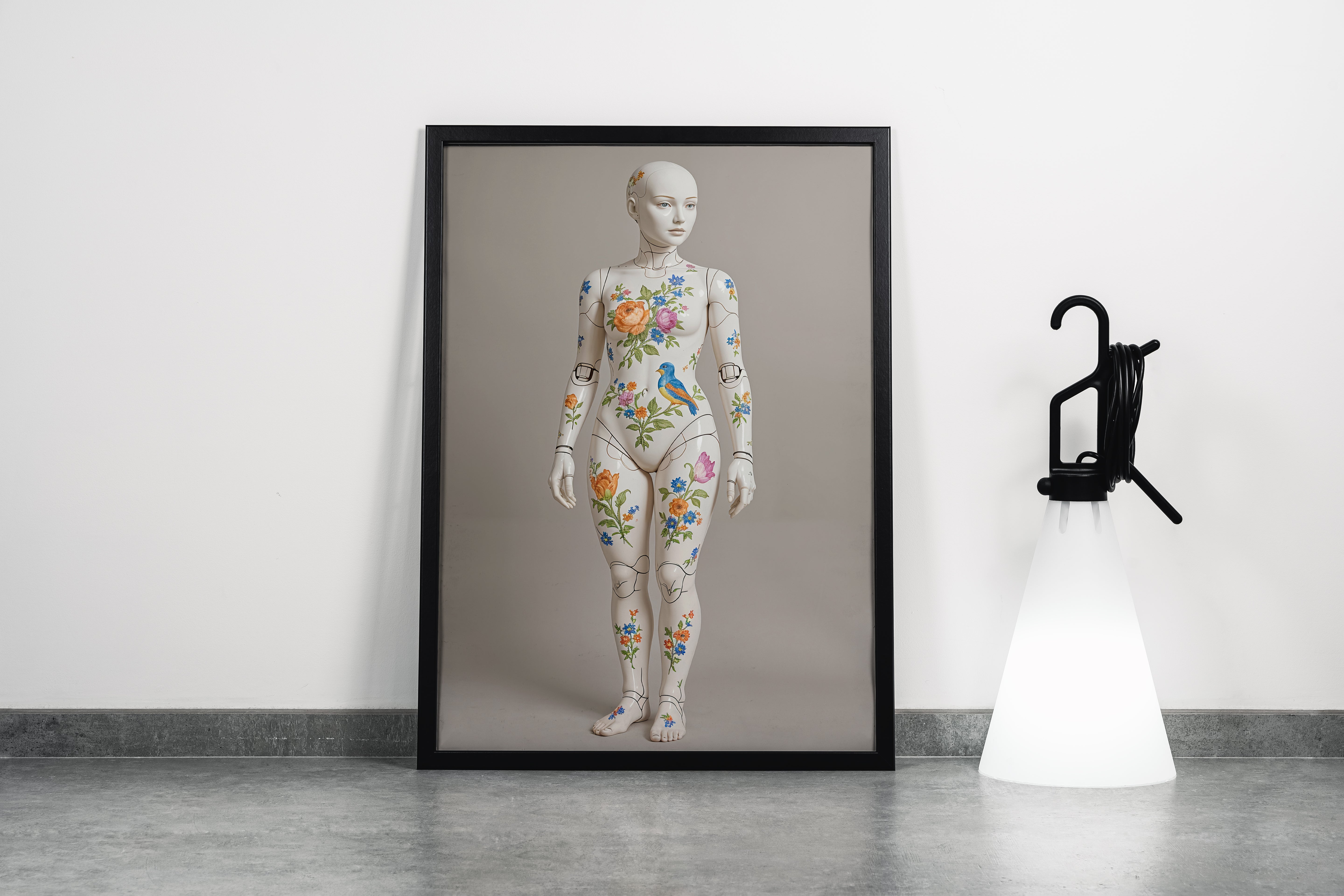 ai creation, a ball-jointed porcelain doll painted with vintage flowers and a small bird, ai art, art, kanvas tablo