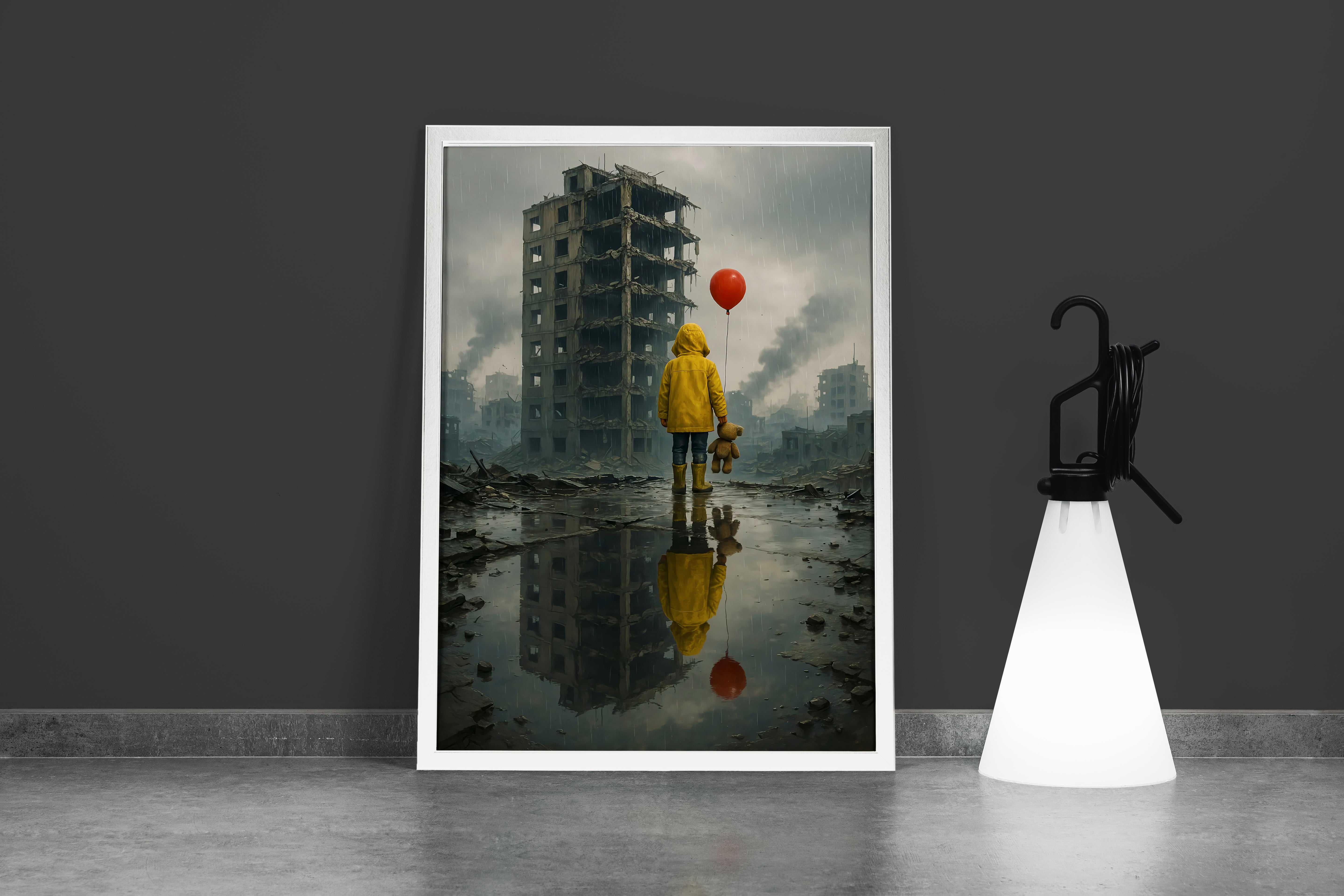 ai creation, a child left in an abandoned city with his balloon and teddy bear, ai art, art, kanvas tablo
