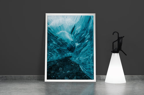 a breathtaking view from inside a glowing blue ice cave with smooth, frozen walls, abstract, art, kanvas tablo
