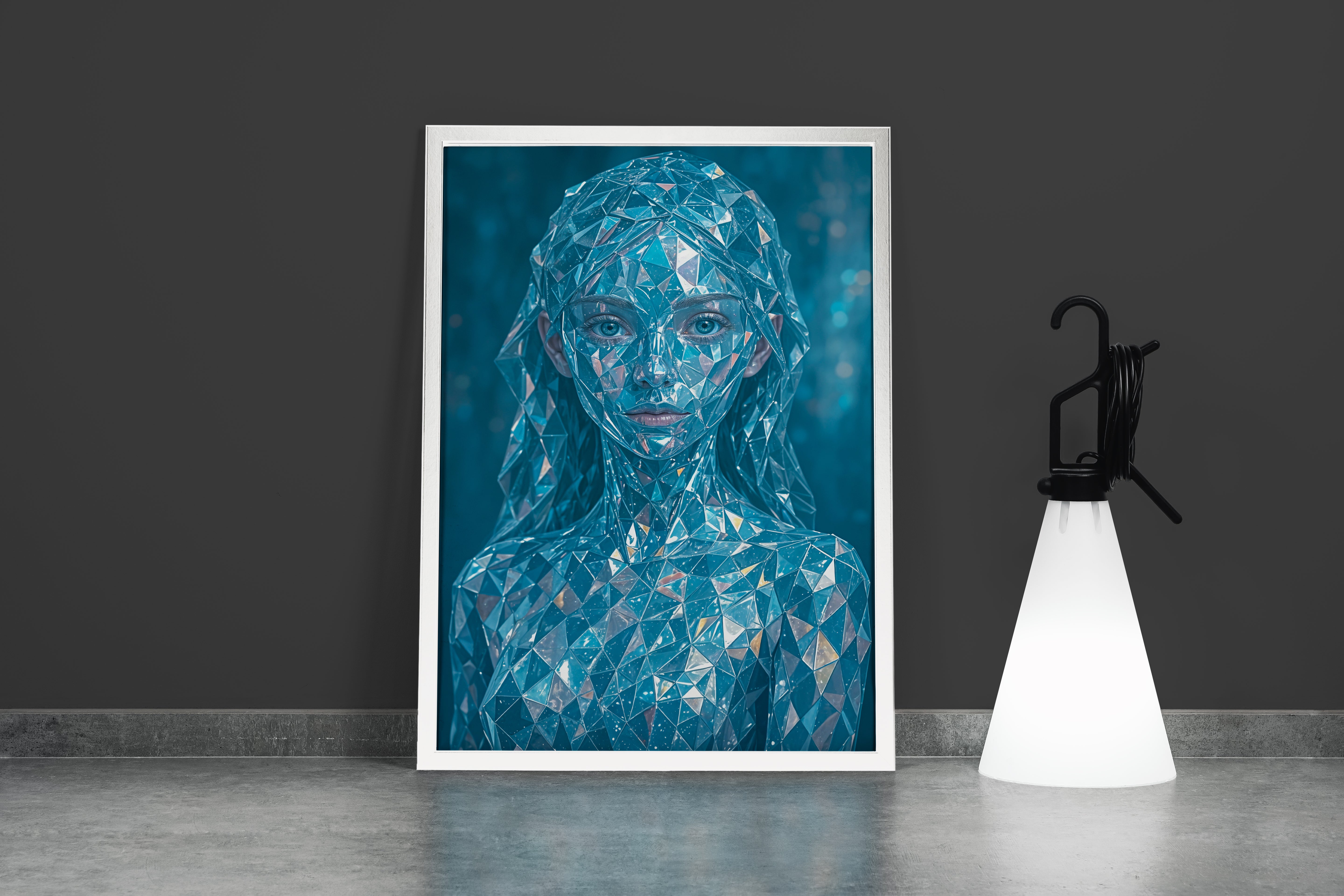 ai creation, crystal woman portrait, blue shards, geometric, reflective, ethereal glow, ai art, art, kanvas tablo