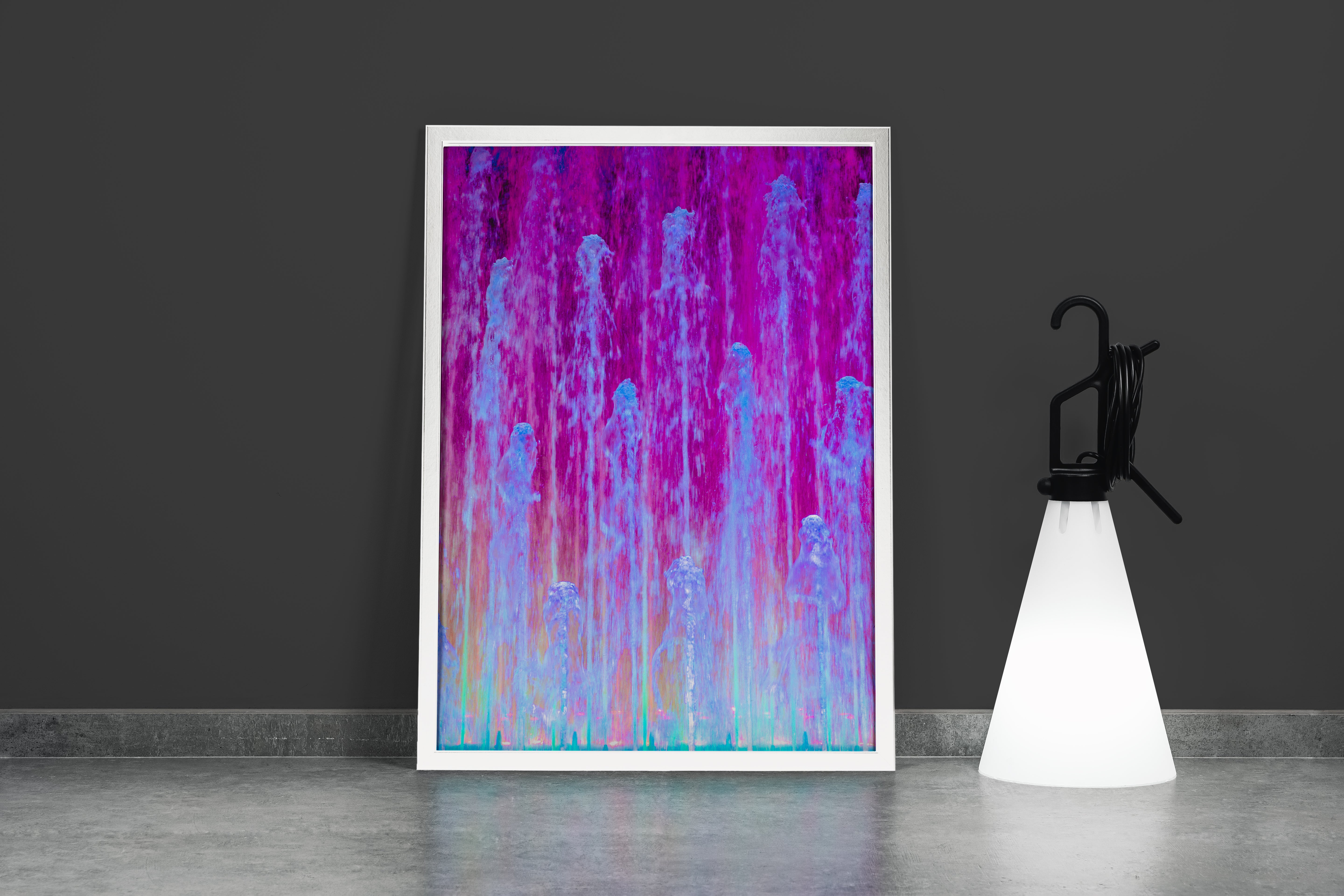 a vibrant night photograph of a water fountain illuminated with pink and blue lights, abstract, art, kanvas tablo