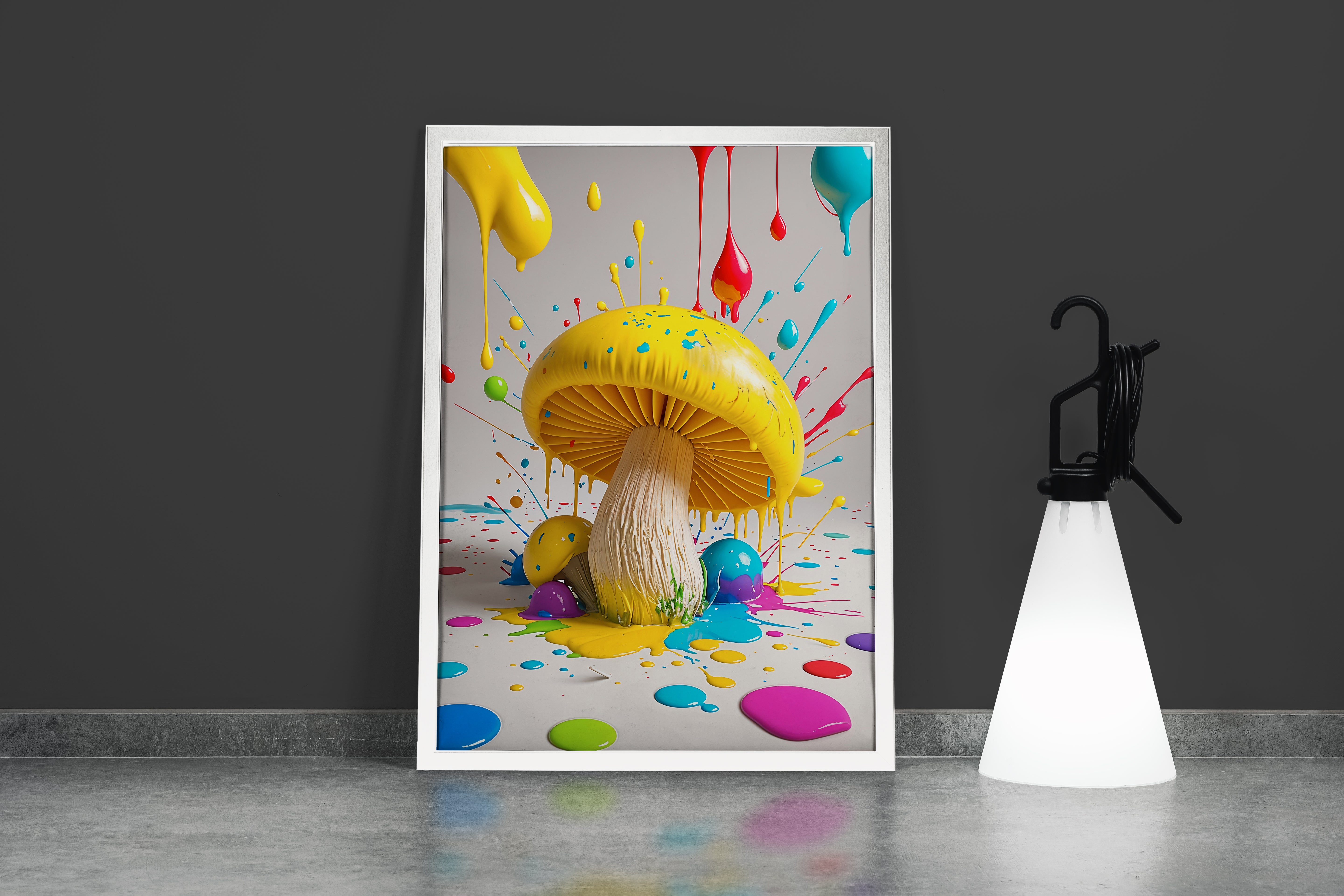 ai creation, giant yellow mushroom and large drops of paint falling from the air, ai art, art, kanvas tablo