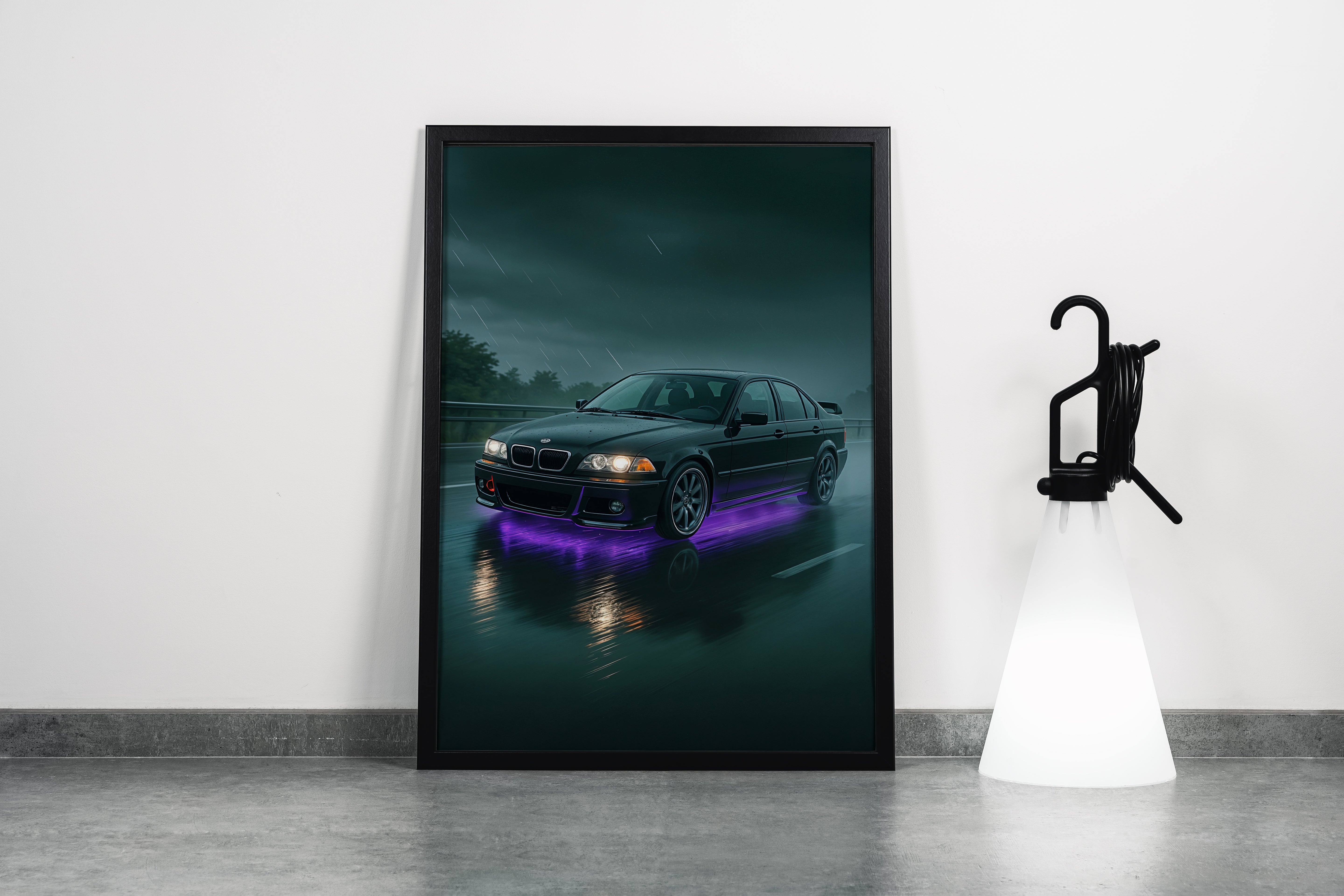 ai creation, car with purple neon lights coming out from underneath, ai art, art, kanvas tablo