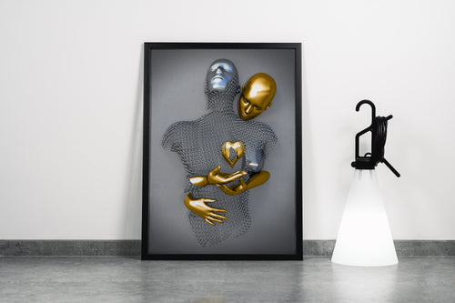 a golden figure places a heart into a silver chainmail figure they're embracing model 2, art, kanvas tablo