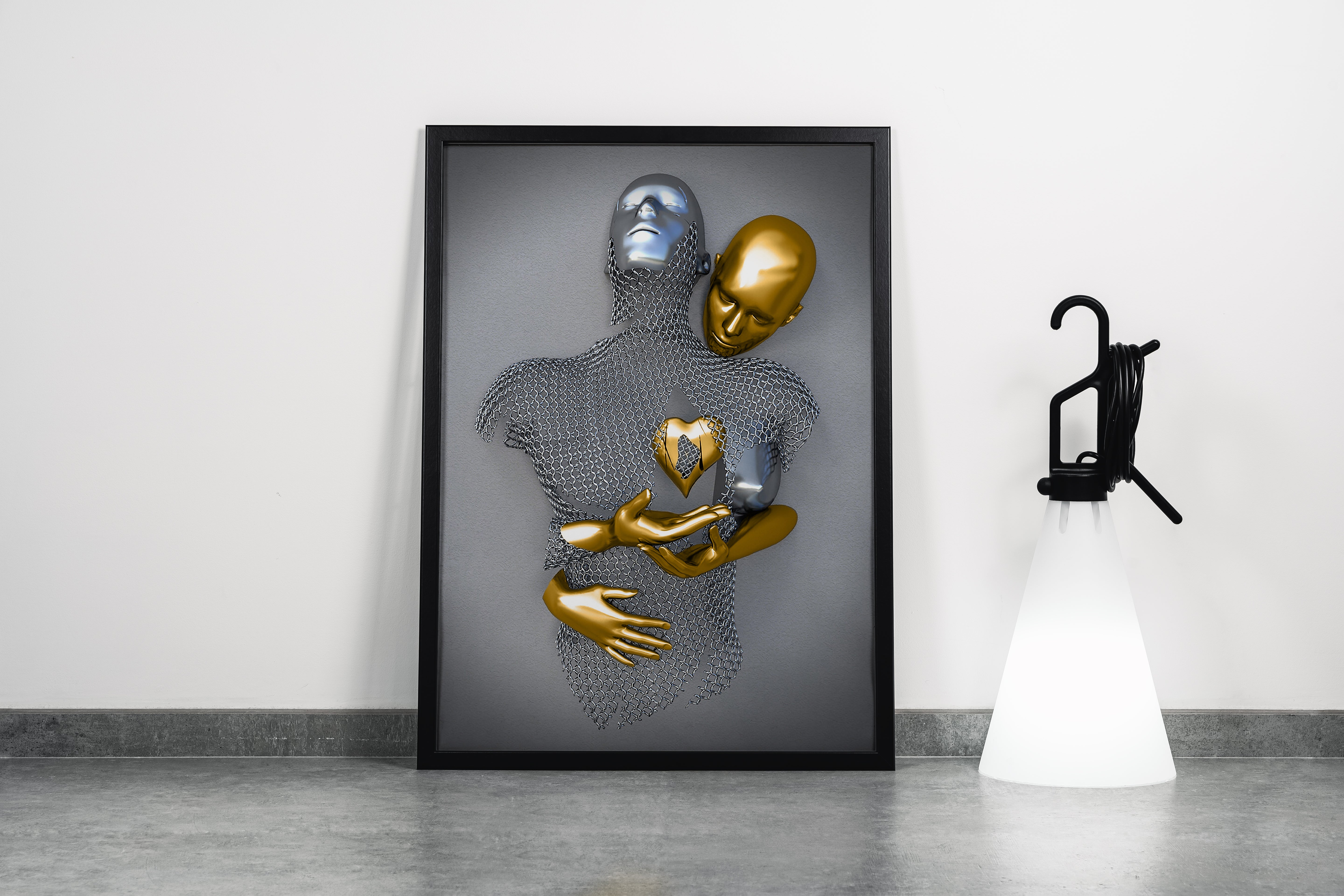 a golden figure places a heart into a silver chainmail figure they're embracing model 2, art, kanvas tablo