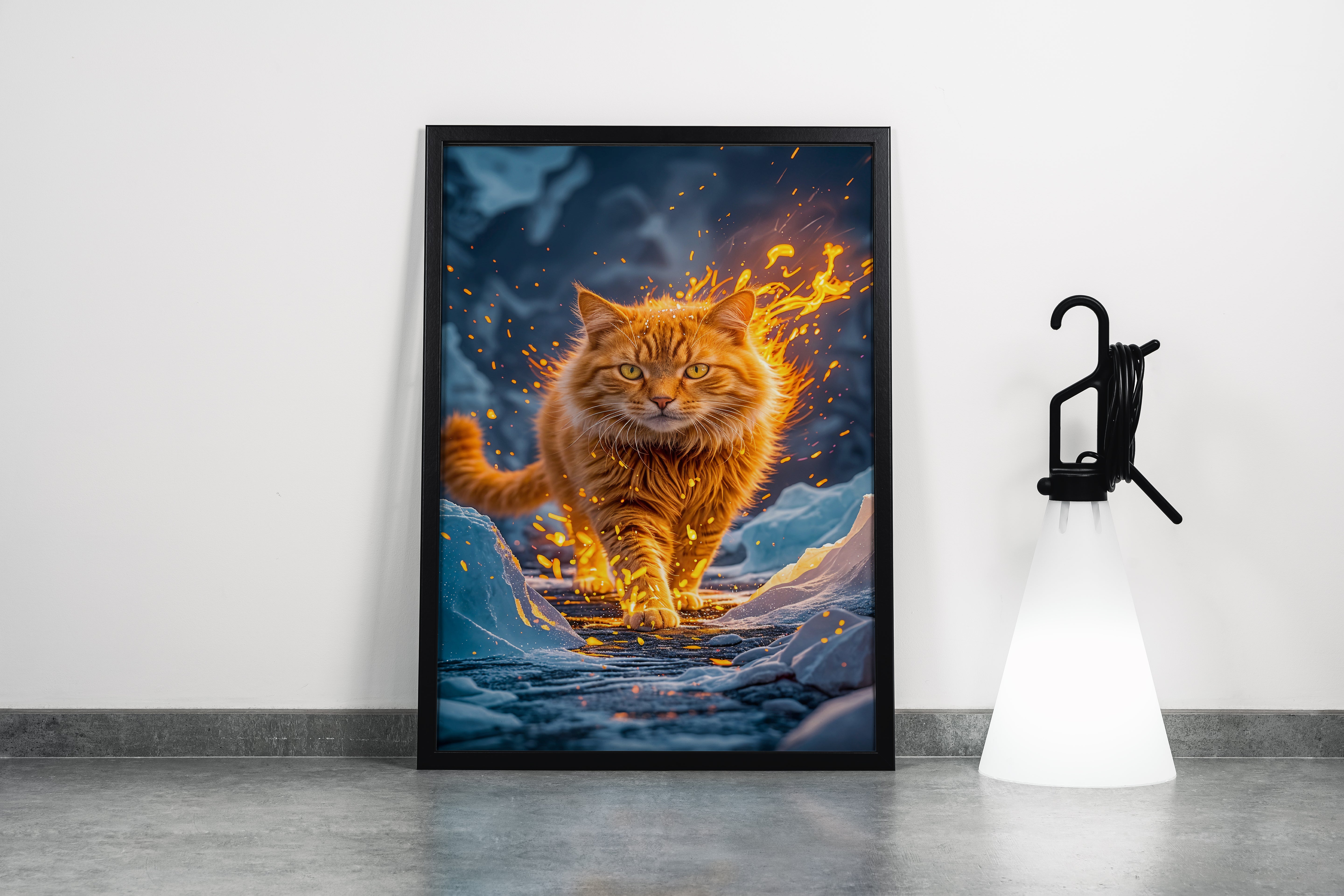 ai creation, orange cat wrapped in fire, pet, ai art, art, kanvas tablo
