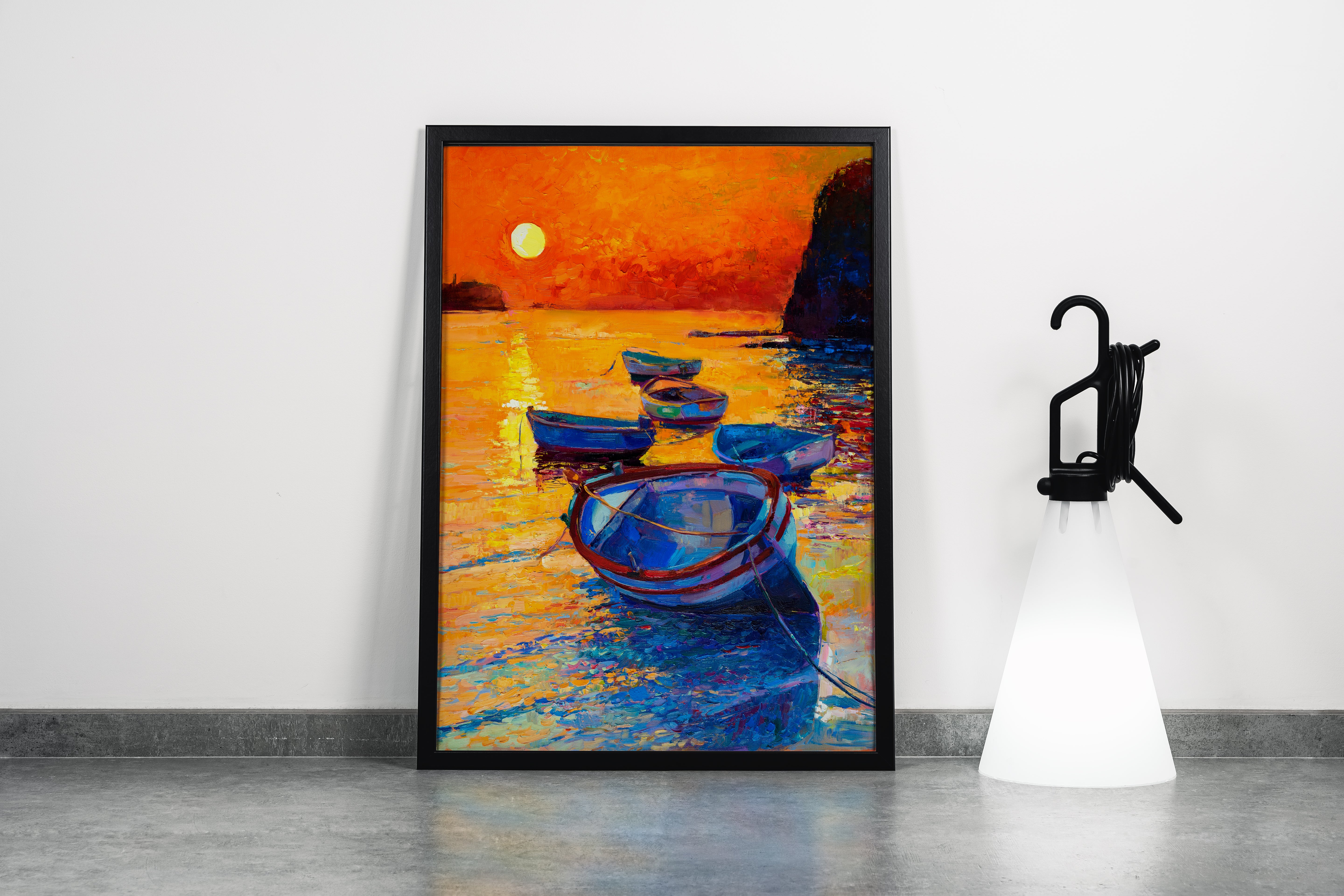 an impressionist oil painting of boats on the sea during a vibrant orange sunset, abstract, art, kanvas tablo