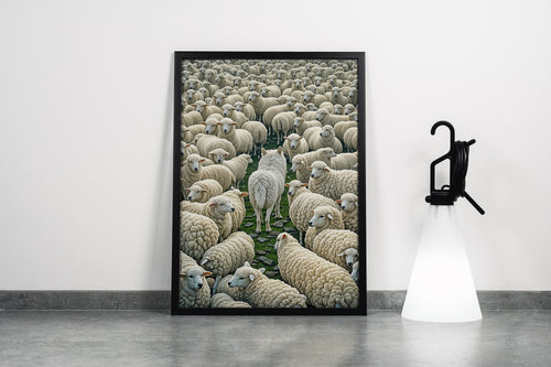 ai creation, the white wolf among the sheep, ai art, art, kanvas tablo