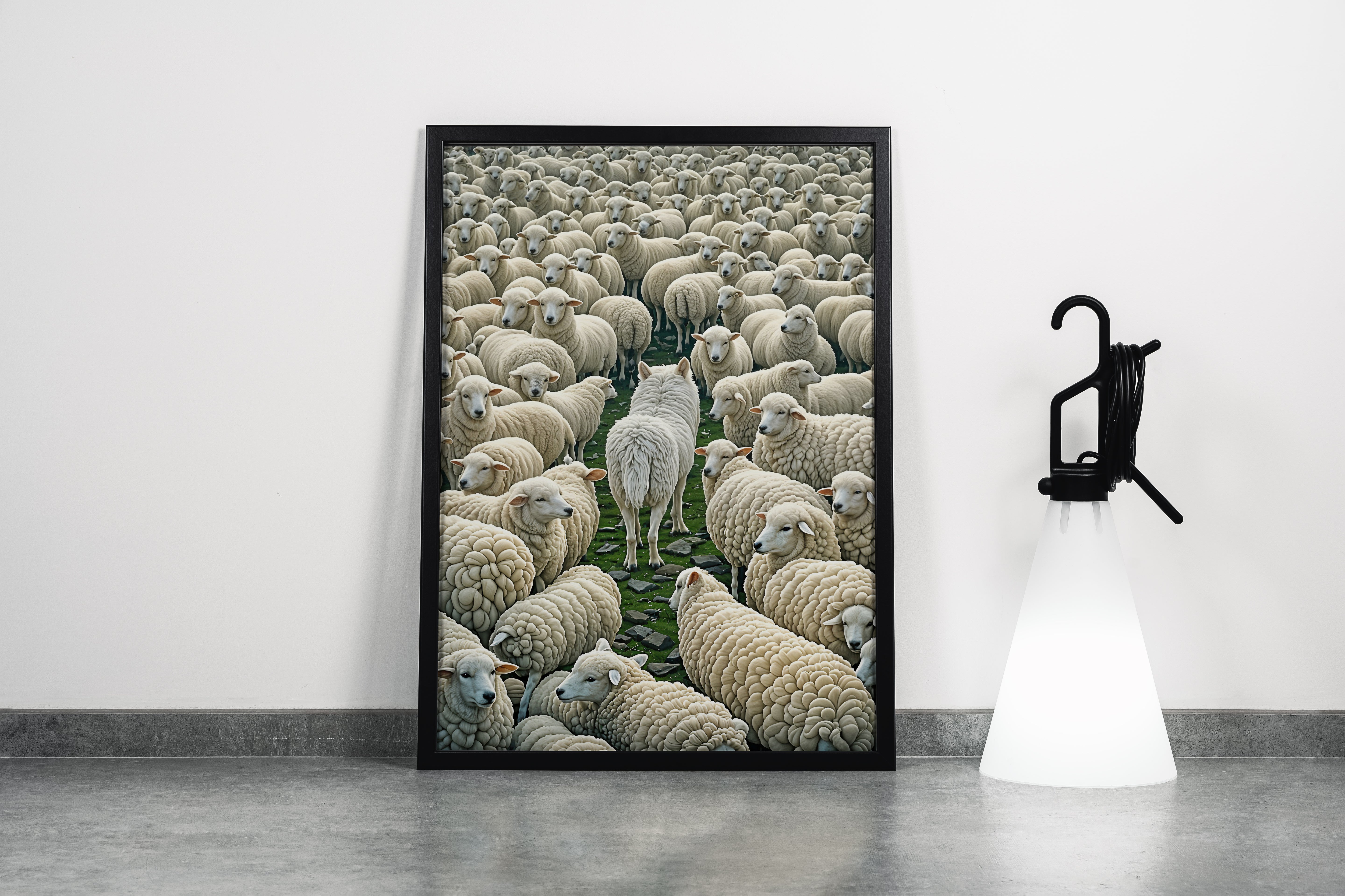 ai creation, the white wolf among the sheep, ai art, art, kanvas tablo