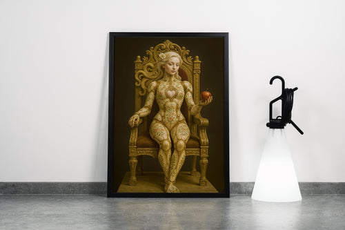 ai creation, a porcelain automaton eve on a gold throne holding a red apple, ai art, art, kanvas tablo