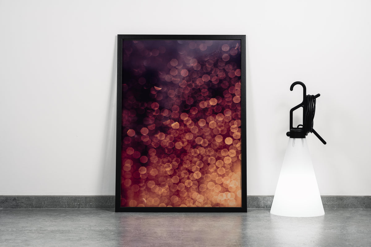 an abstract photograph of warm, golden and red bokeh lights on a dark background, abstract, art, kanvas tablo