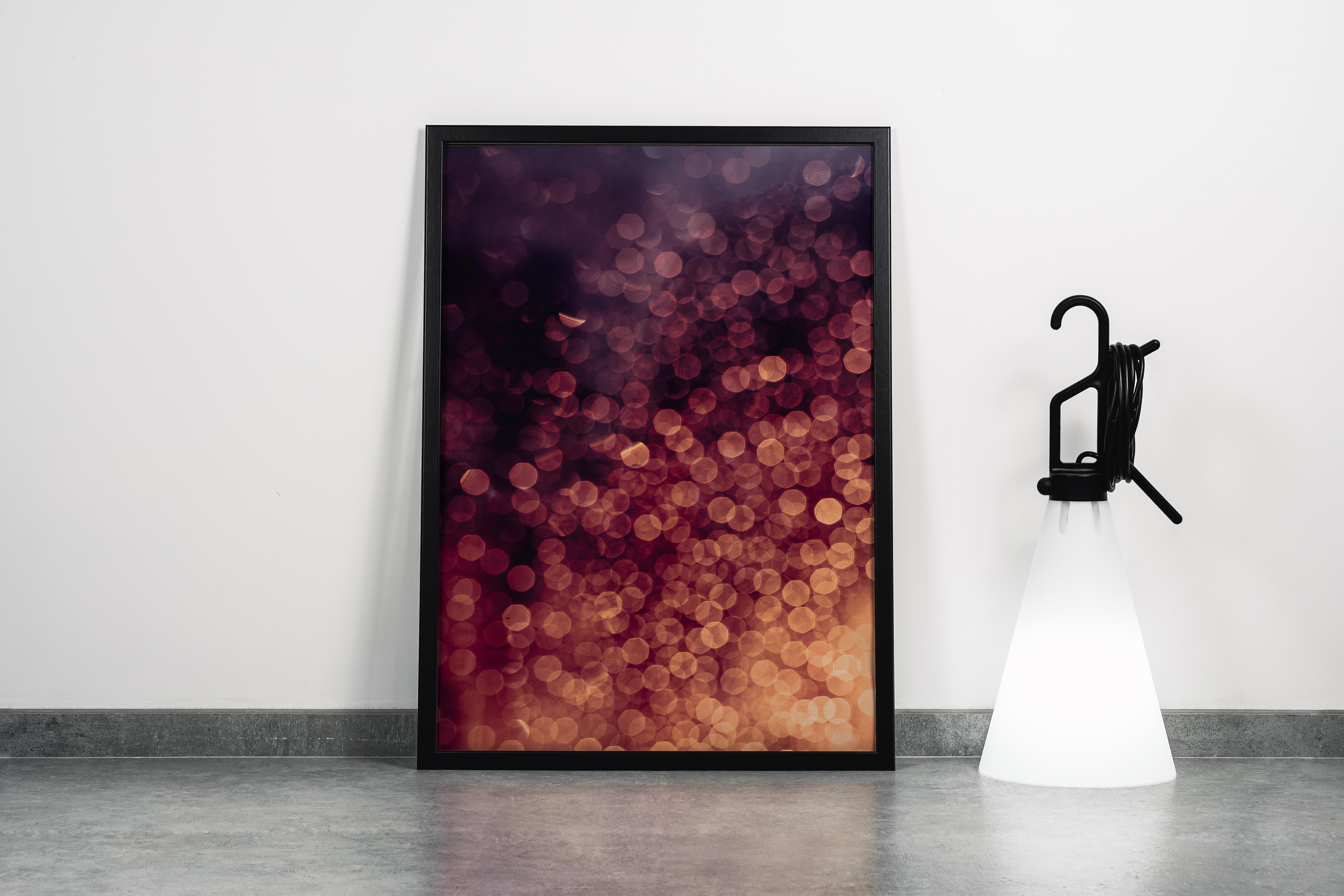 an abstract photograph of warm, golden and red bokeh lights on a dark background, abstract, art, kanvas tablo